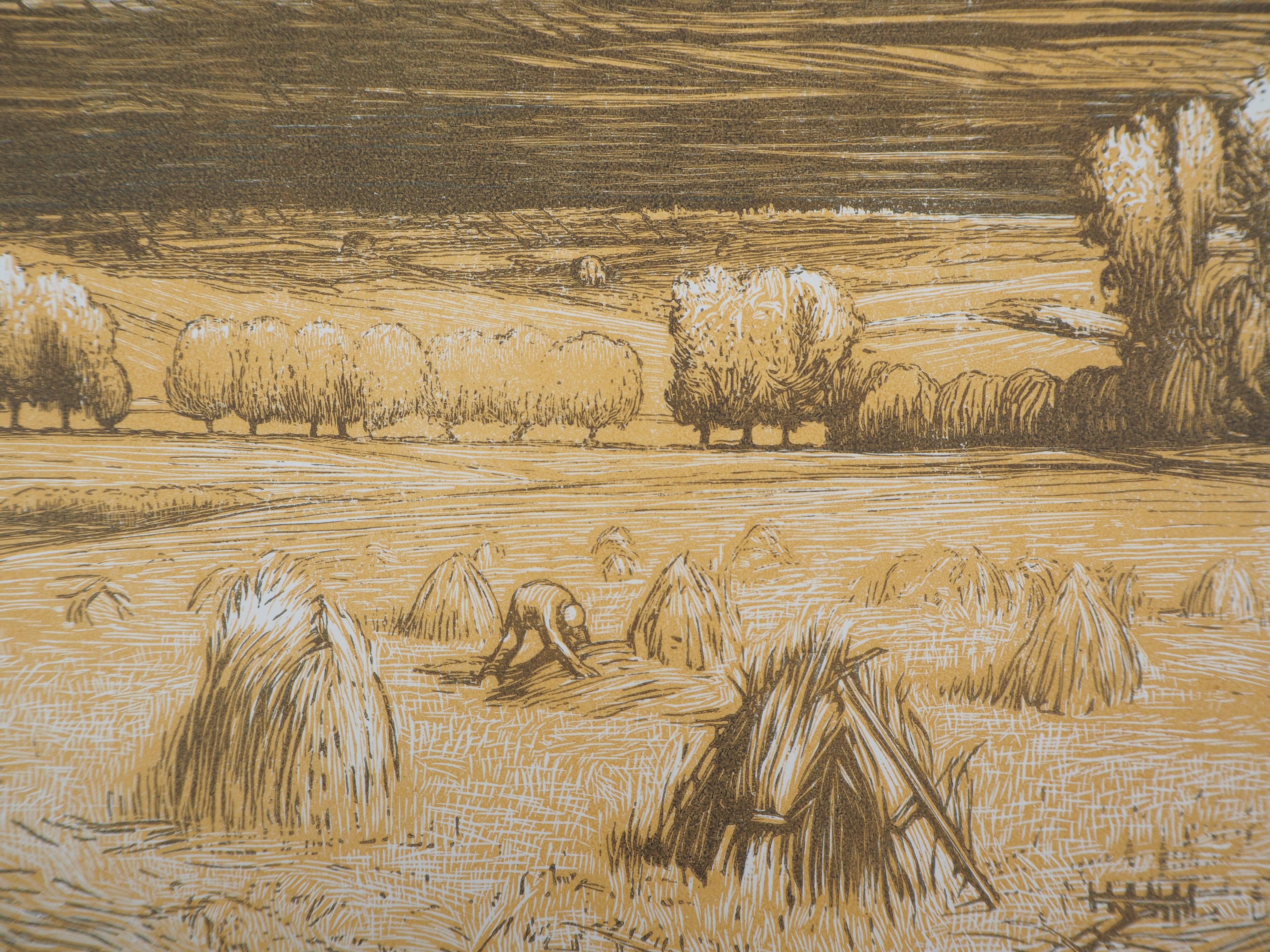 Harvest in the Fields : the Haystacks - Original wooodcut, Handsigned & Numbered - Modern Print by Paul Baudier