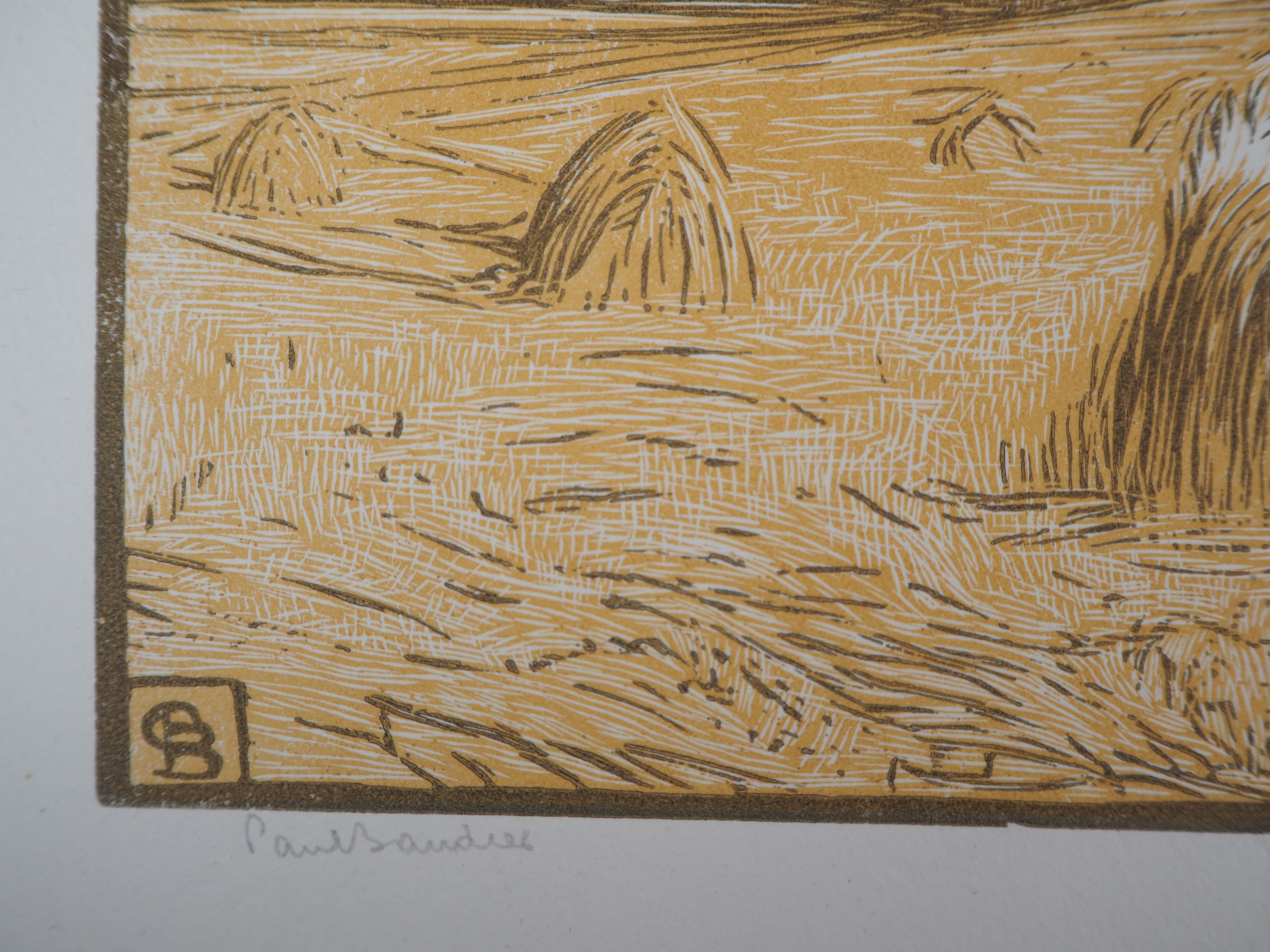 Harvest in the Fields : the Haystacks - Original wooodcut, Handsigned & Numbered - Beige Landscape Print by Paul Baudier