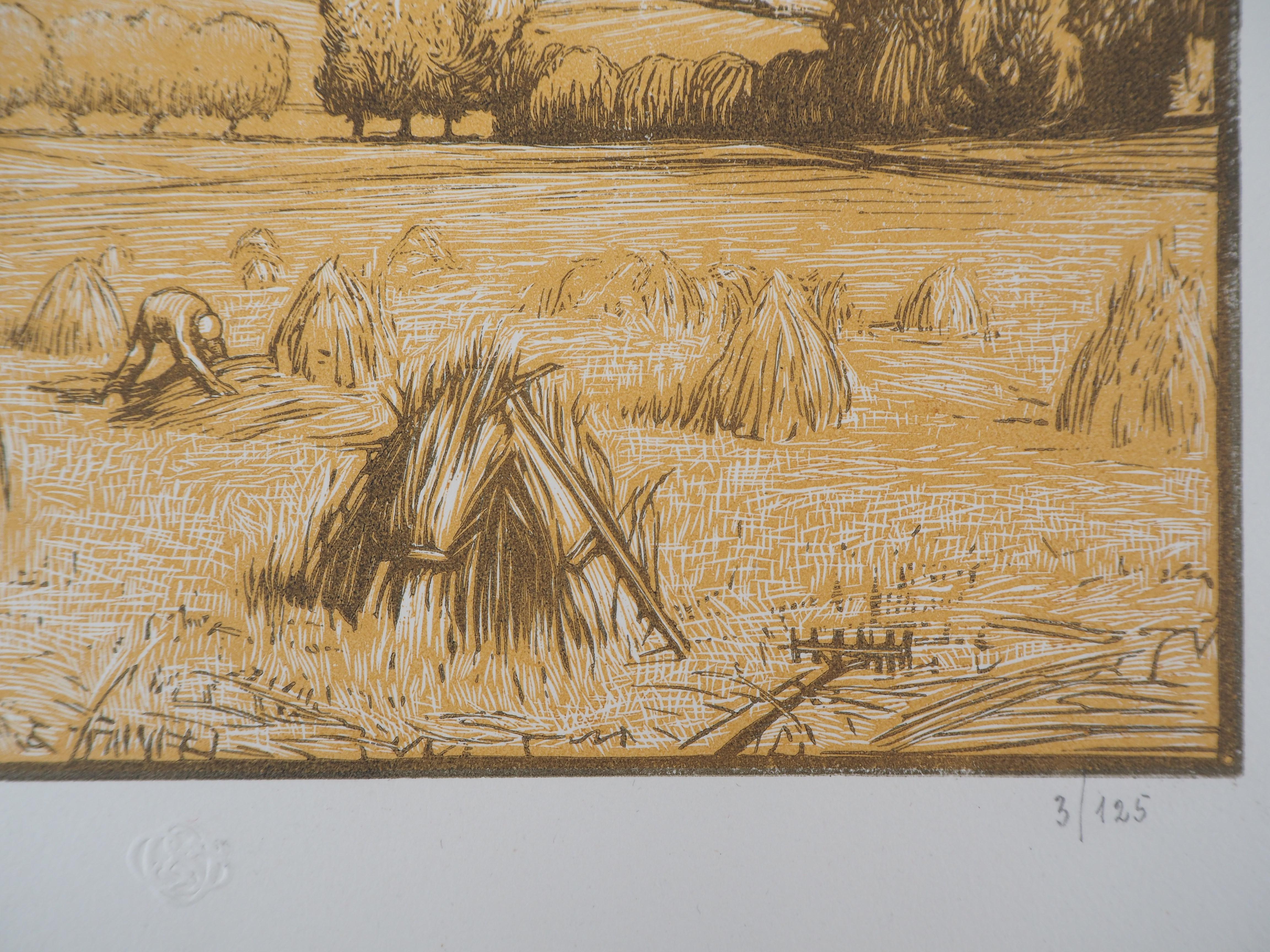 Paul BAUDIER (1881-1962)
Harvest in the Fields : the Haystacks, 1921

Original woodcut
Handsigned in pencil
Numbered /125
On vellum 32.5 x 25.5 cm (c. 13 x 10 in)
Bears the blind stamp of the editor 'Imagier de la Gravure sur Bois' (Lugt