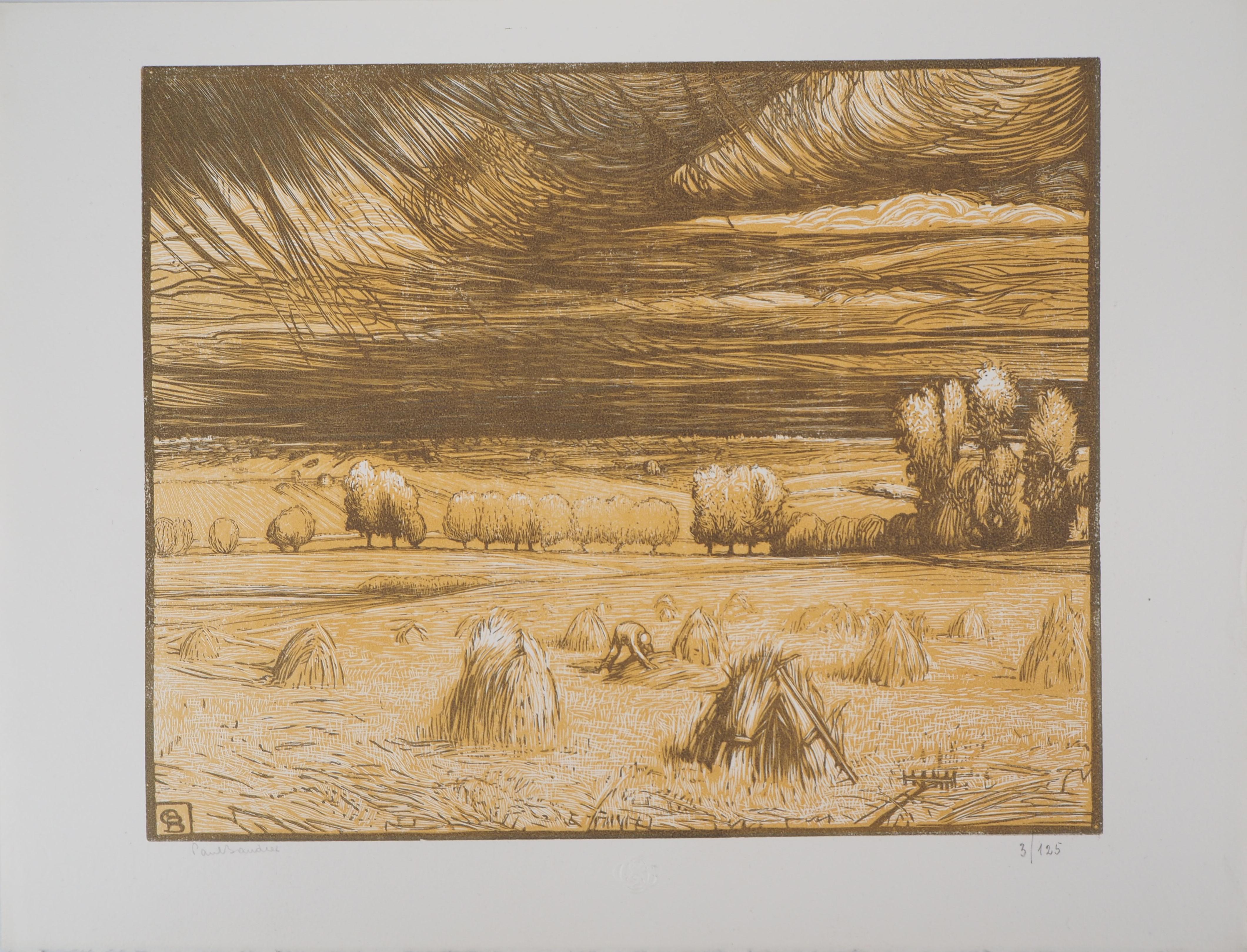 Harvest in the Fields : the Haystacks - Original wooodcut, Handsigned & Numbered