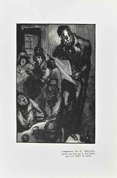 Lectura de noticias en un café - Grabado xilográfico original de Paul Baudier - Años 30