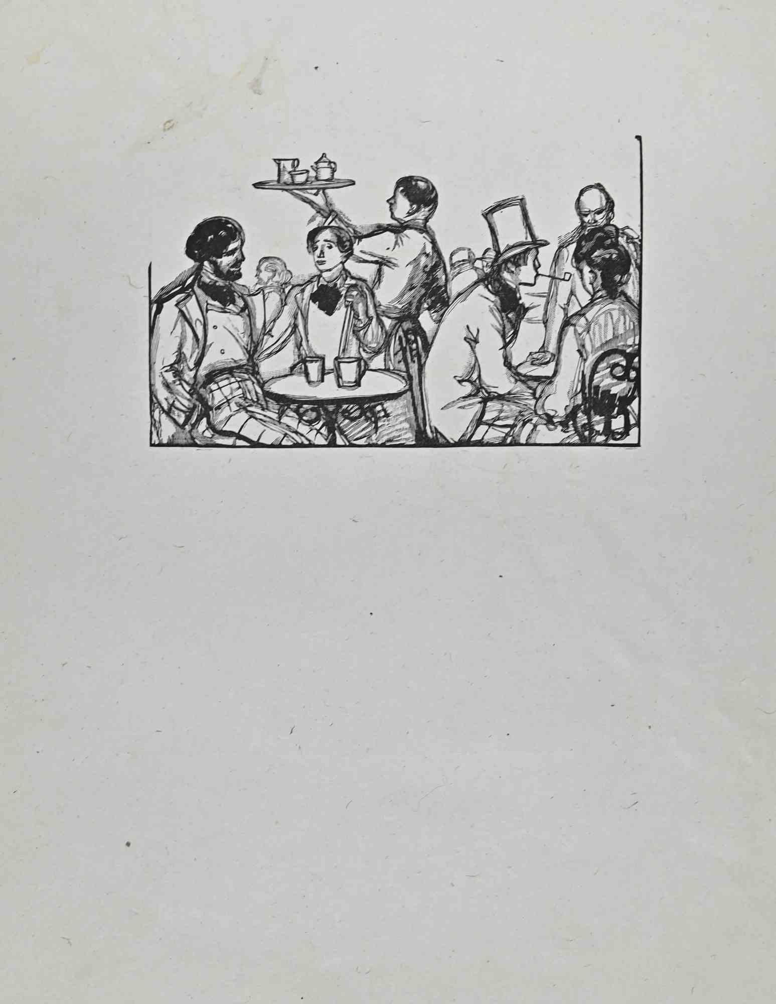The Cafeteria - Original Holzschnittdruck von Paul Baudier - 1930er Jahre