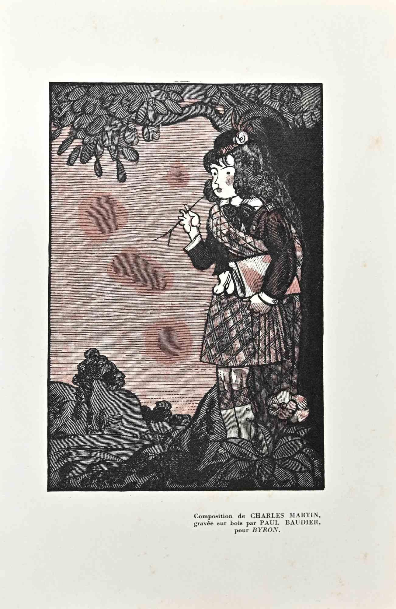 The Girl in Forest - Original Woodcut Print by Paul Baudier - 1930s