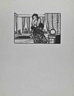 Vintage The Lady in The Museum - Original Woodcut Print by Paul Baudier - 1930s
