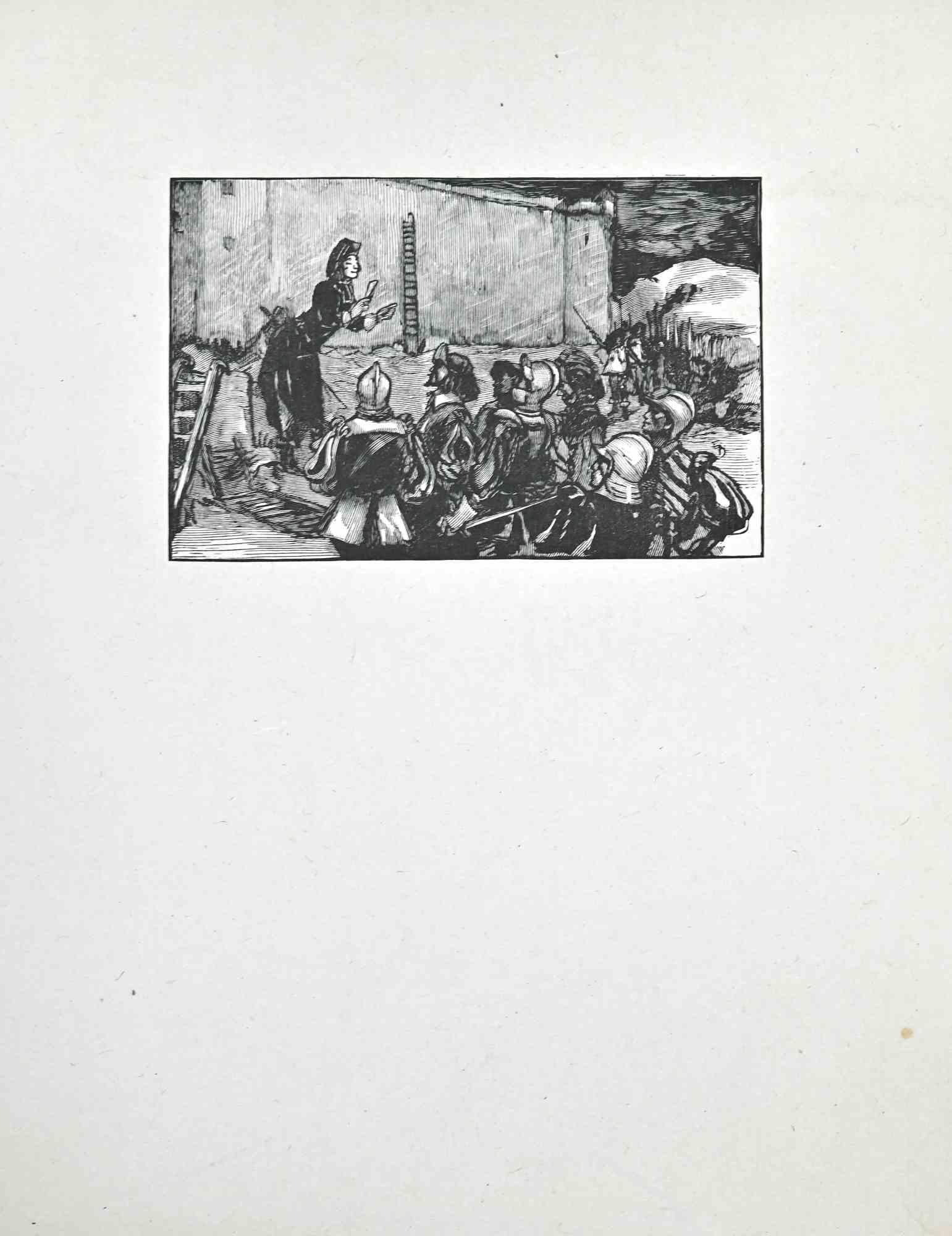Le discours motivationnel pour les soldats - gravure sur bois de Paul Baudier - années 1930