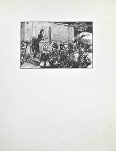 Vintage The Motivational Speech For Soldiers - Woodcut print by Paul Baudier - 1930s