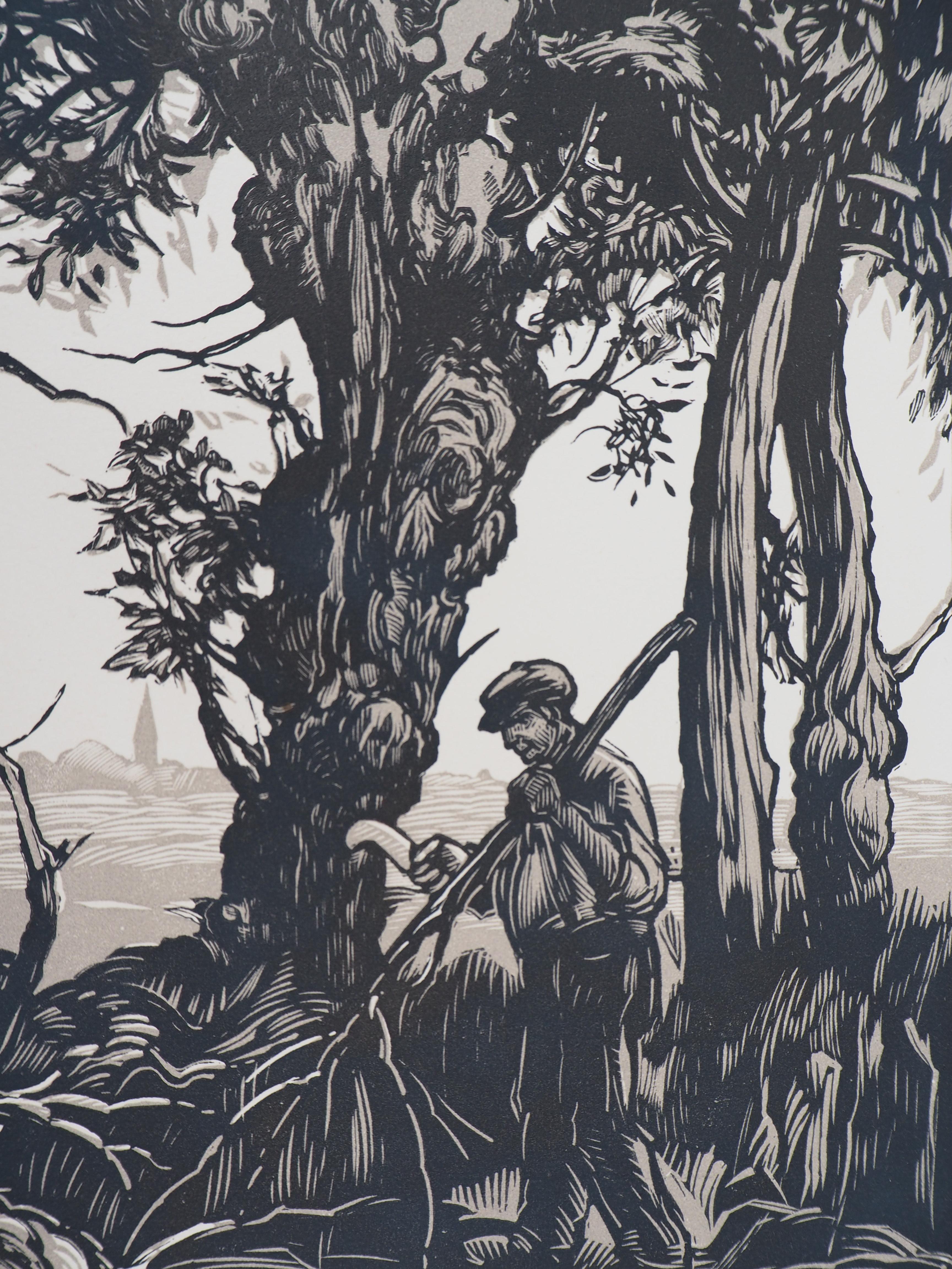 The Old Tree, gravure sur bois originale, signée et numérotée à la main - Noir Landscape Print par Paul Baudier