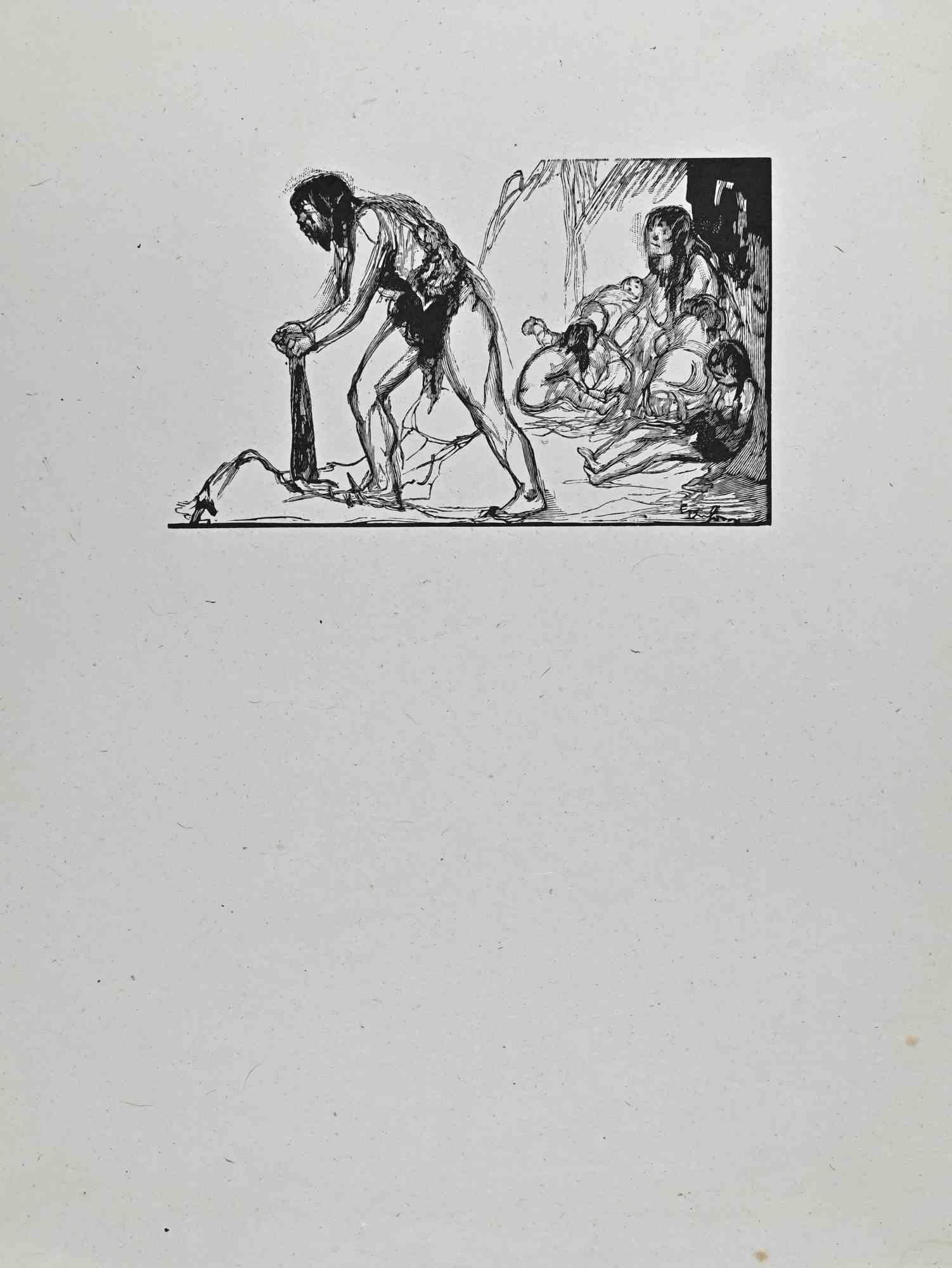 Primitive Familie - Holzschnitt von Paul Baudier - 1930er Jahre