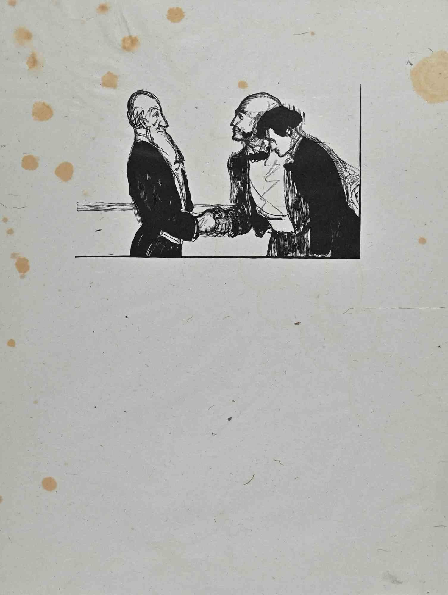 La salutation - gravure sur bois de Paul Baudier - années 1930