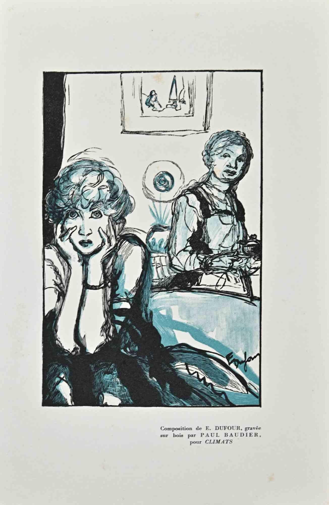 Womanly Preoccupation - Original Holzschnittdruck von Paul Baudier - 1930er Jahre