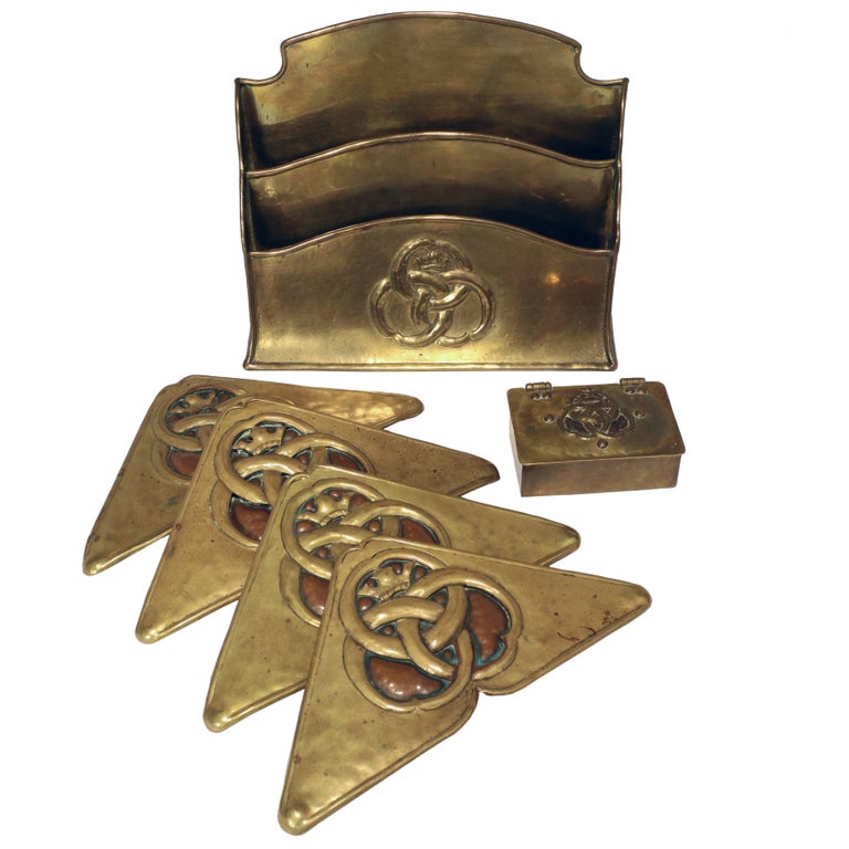 Paul Beau Mixed Metal Blotter Corners,Stamp Box and Stationary Rack For