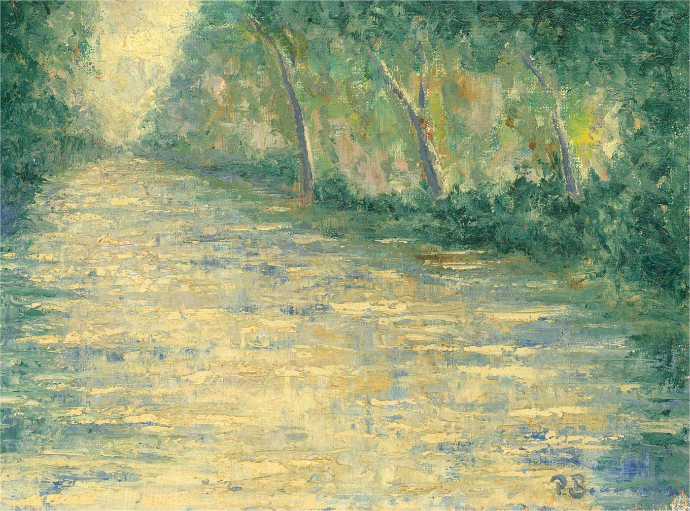 A fine oil painting by the artist Paul Beauvais, depicting a river scene with trees. With clear influences from the Impressionism, this composition highlight the artist's clear proficiency in the subject and medium. Signed to the lower right-hand