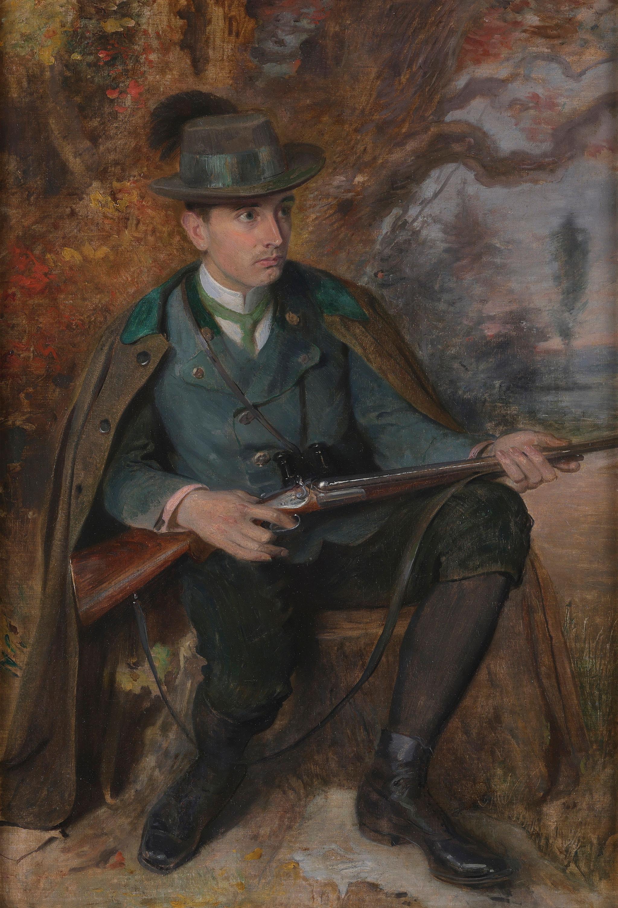 'The Hunter waiting with his gun'. A framed antique oil painting on canvas – Painting von Paul Beckert