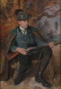 'The Hunter waiting with his gun'. A framed antique oil painting on canvas