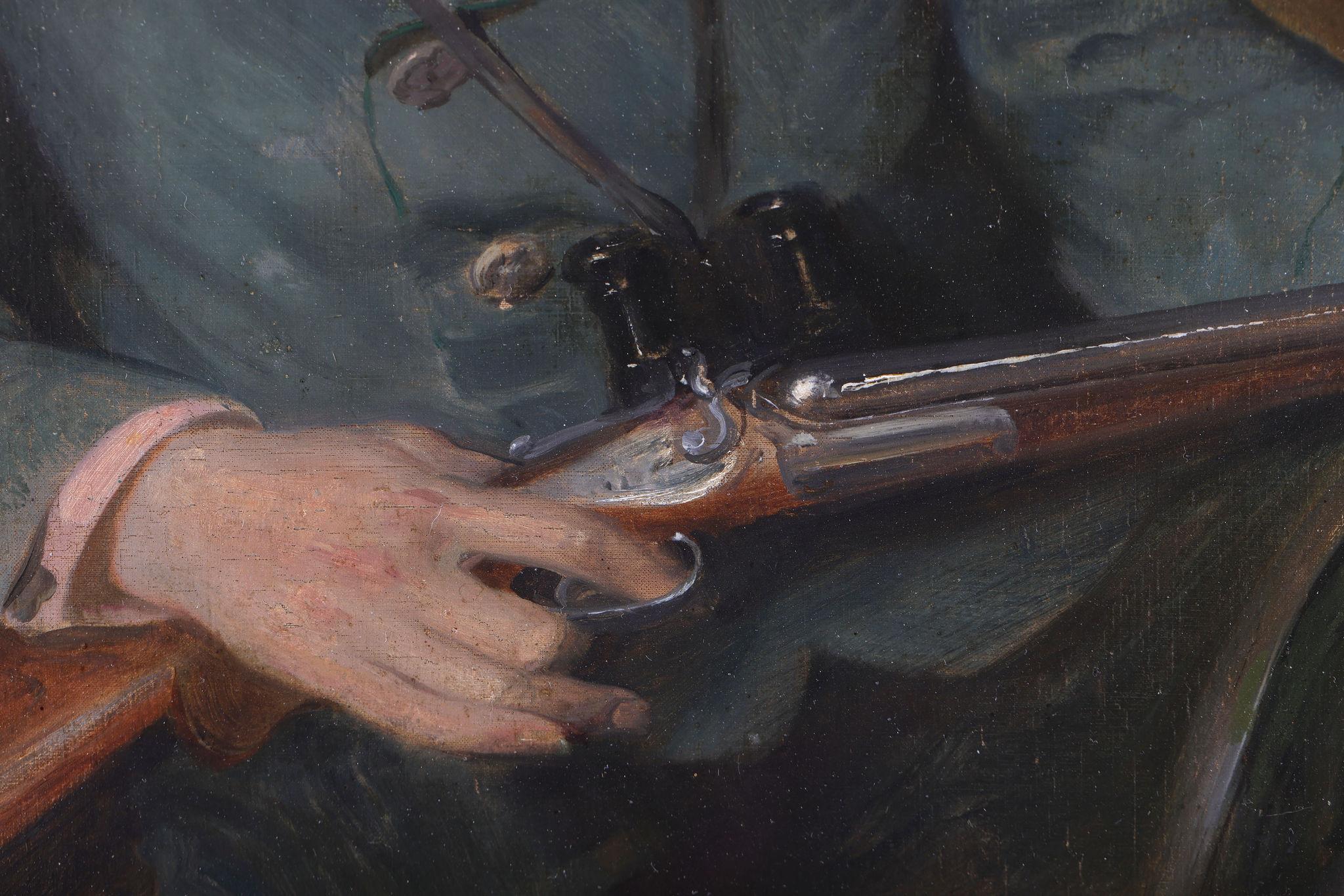 'The Hunter waiting with his gun'. A framed antique oil painting on canvas (Schwarz), Landscape Painting, von Paul Beckert