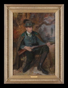 'The Hunter waiting with his gun'. A framed antique oil painting on canvas