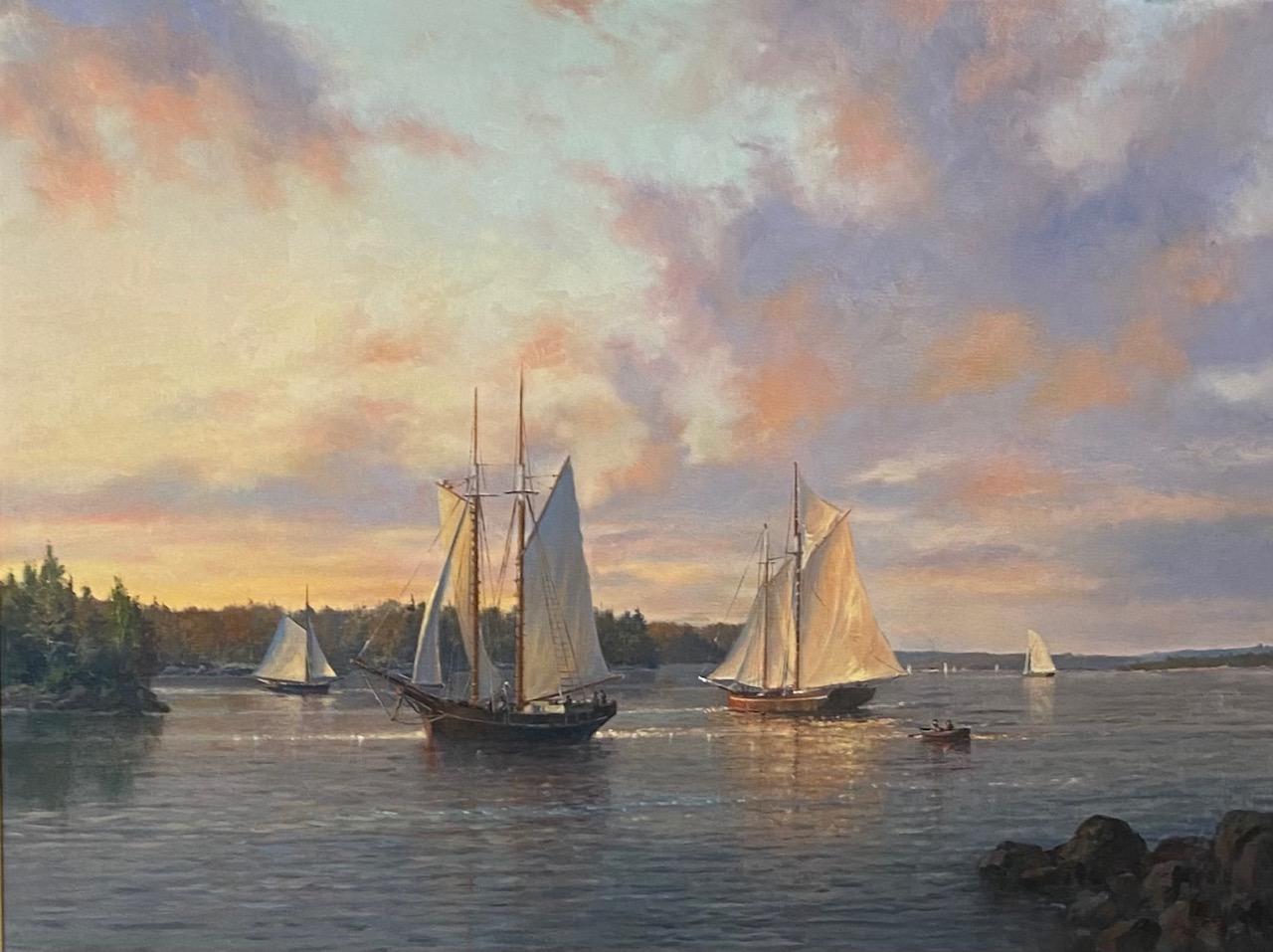 A Coastal Scene, Last Light, original 30x40 impressionist marine landscape - Painting by Paul Beebe