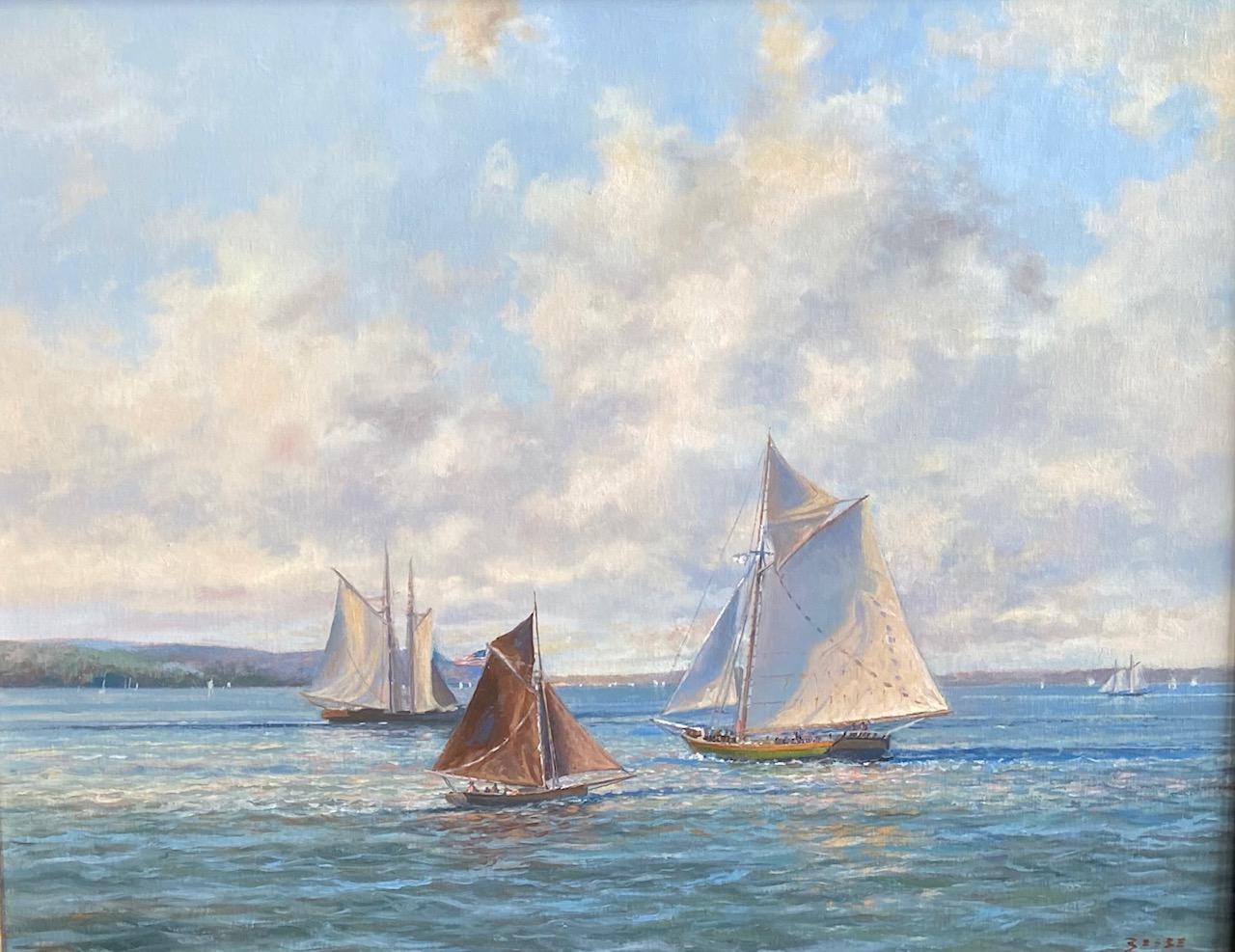 Vela pomeridiana sull'Hudson, paesaggio marino impressionista originale 24x3 - Painting di Paul Beebe