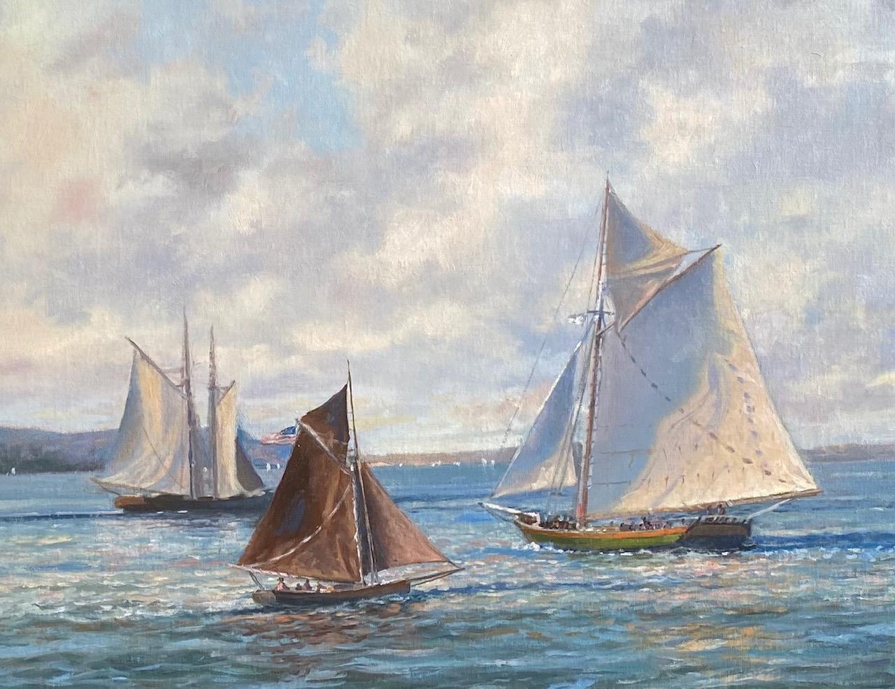 Vela pomeridiana sull'Hudson, paesaggio marino impressionista originale 24x3 - Painting Impressionismo di Paul Beebe