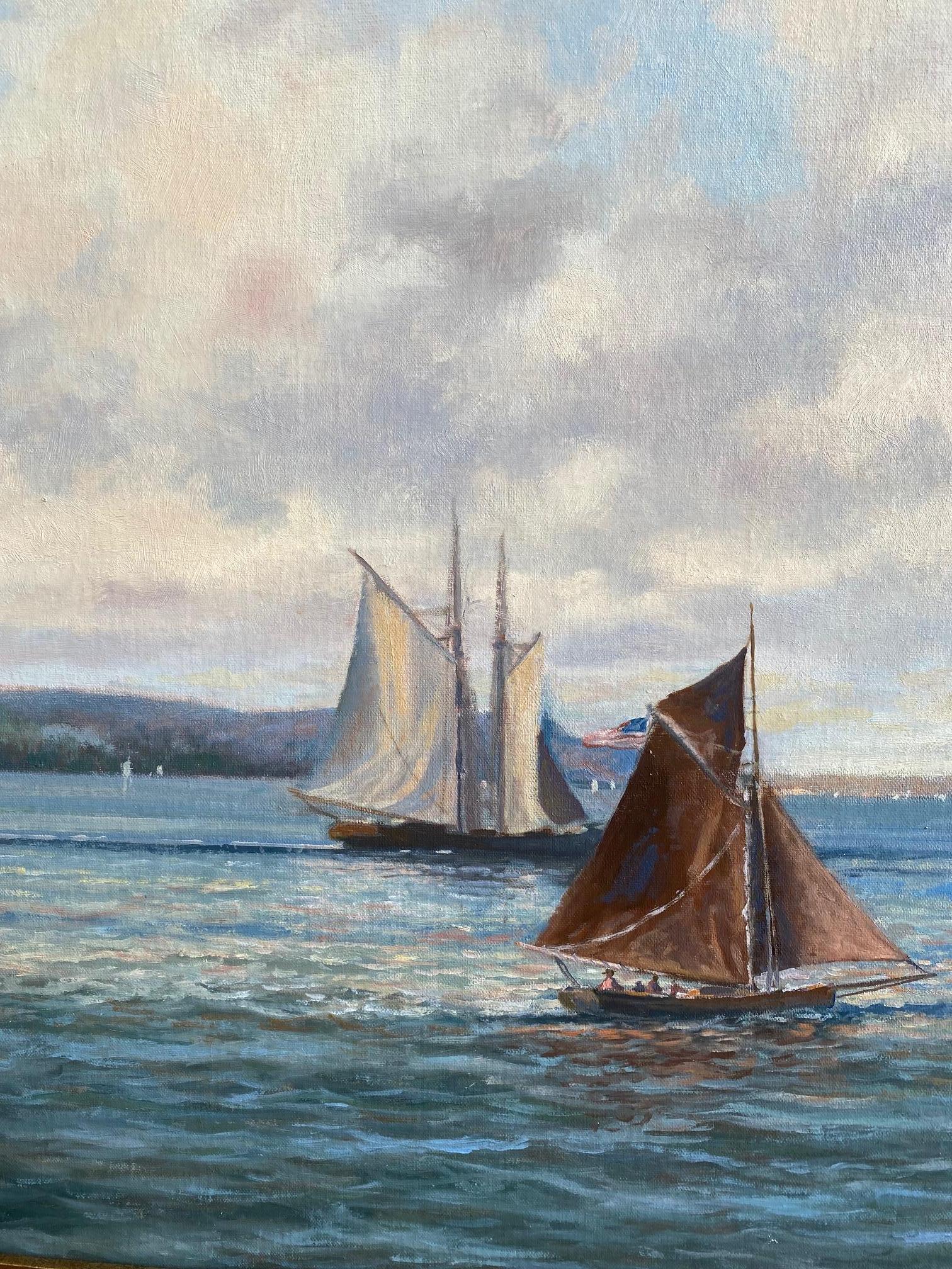 Vela pomeridiana sull'Hudson, paesaggio marino impressionista originale 24x3 1