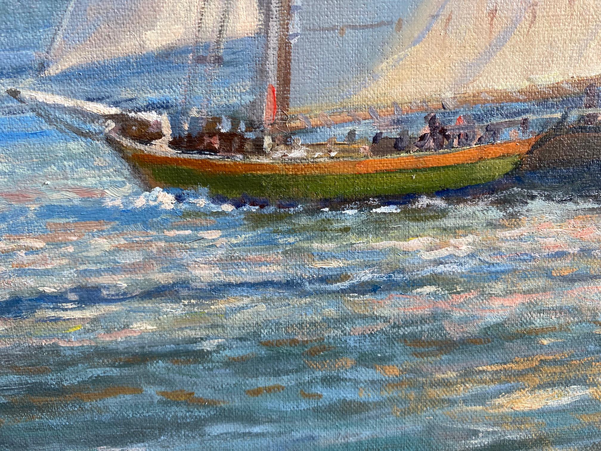 Vela pomeridiana sull'Hudson, paesaggio marino impressionista originale 24x3 4
