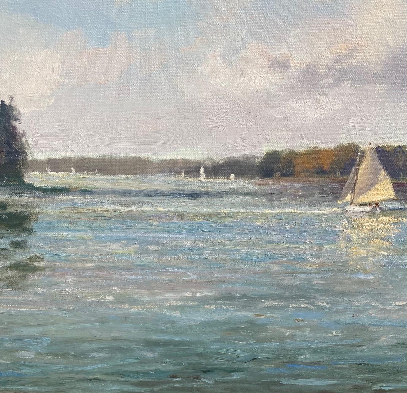 In an instant your sail catches the wind and your relaxing day under sail becomes an invigorating trip immersed in the soothing aquamarine waters and skies of Martha's Vineyard.  This boat scene is further enhanced by impressionist texture and