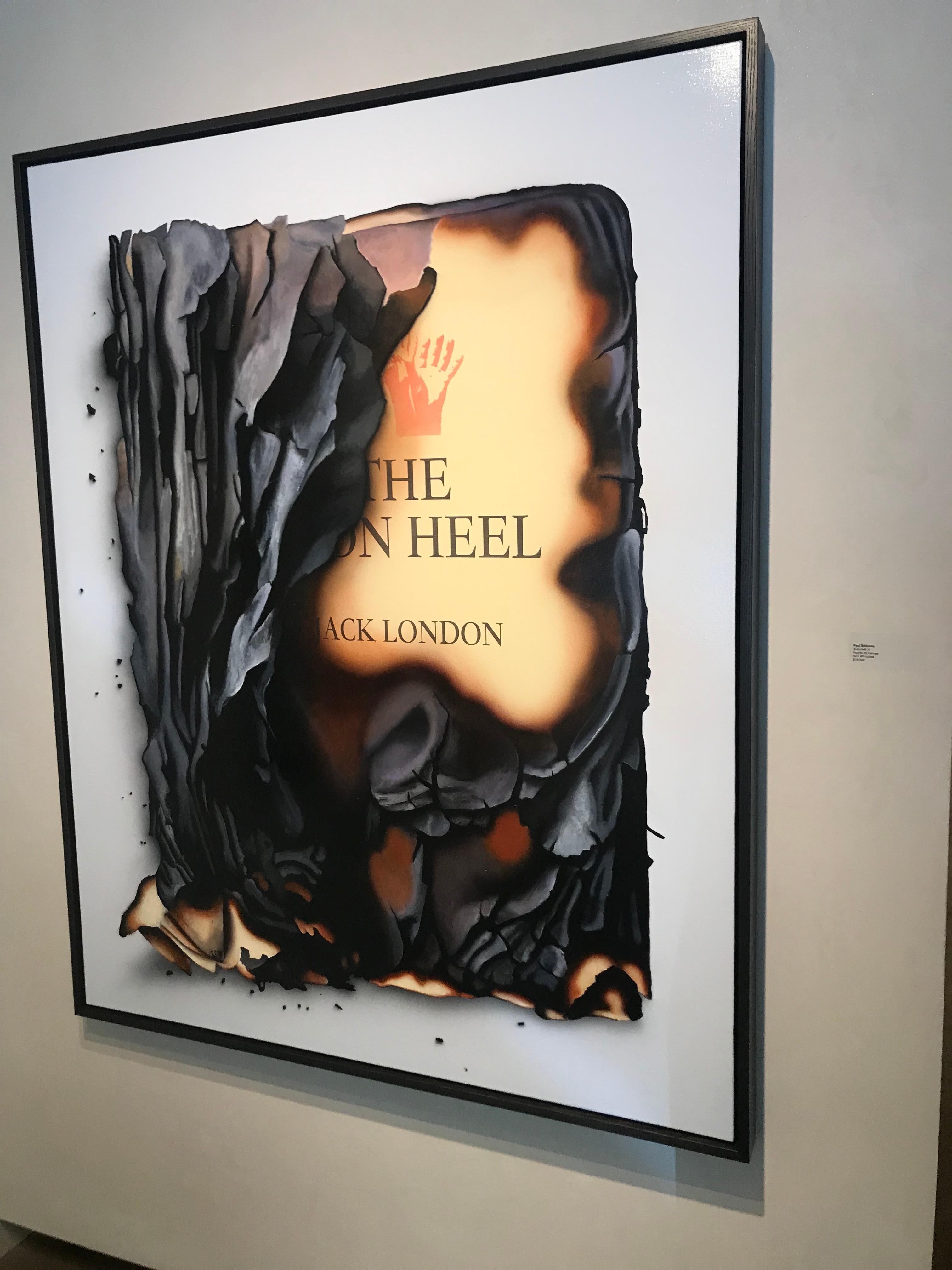 This acrylic painting on canvas by Quebecois painter Paul Béliveau is framed in a black wood float frame and depicts the burnt titled page of Jack London's 