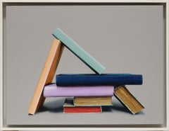 Suite Morandi XV- painting of books framed in white by Paul Béliveau