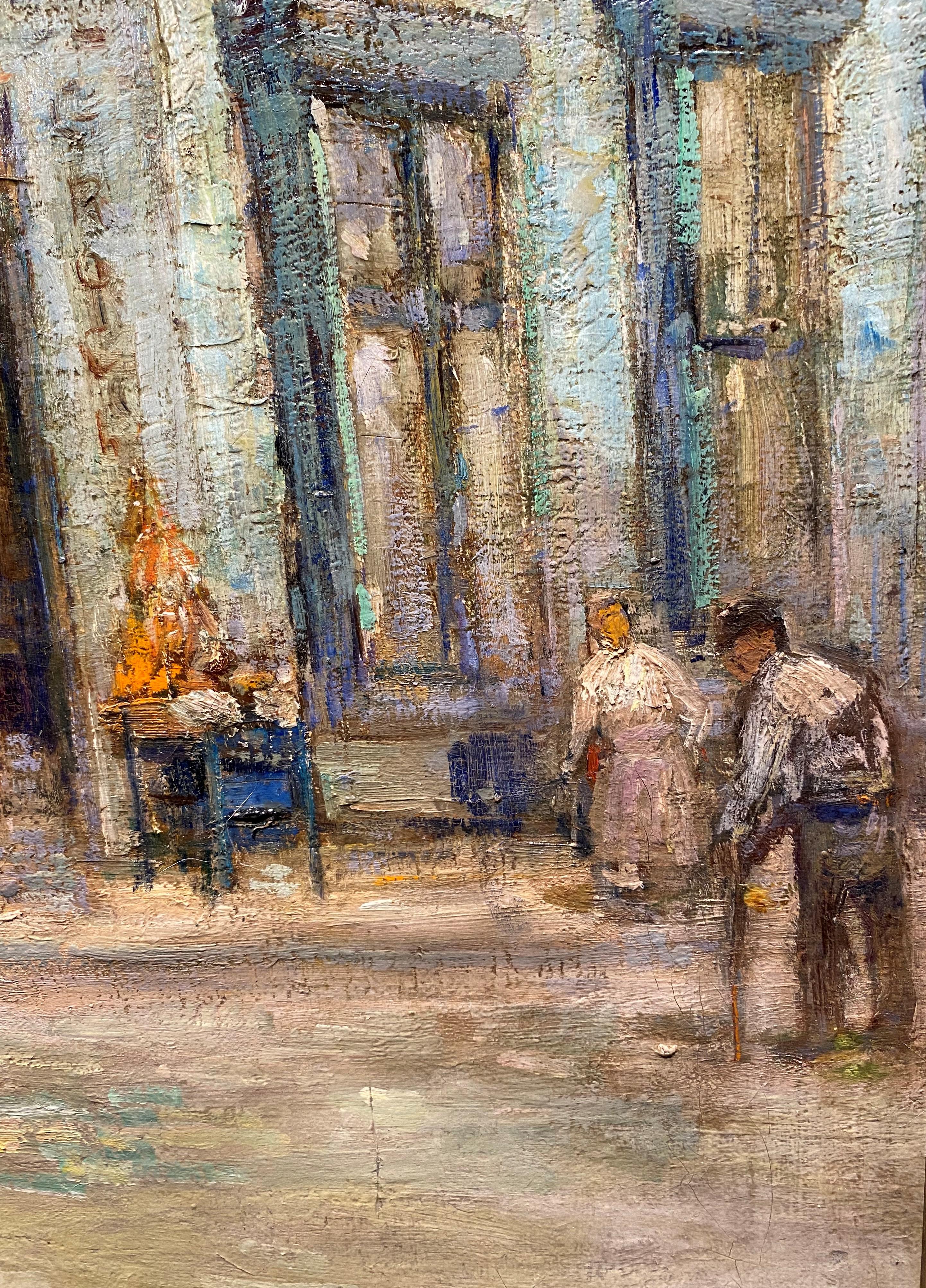 Exceptionnelle peinture à l'huile impressionniste d'un marché animé de la Nouvelle-Orléans par l'artiste américain Paul Bernard King.  (1867-1947). King est né à Buffalo, New York, et après être devenu un imprimeur établi, il a étudié à la Art