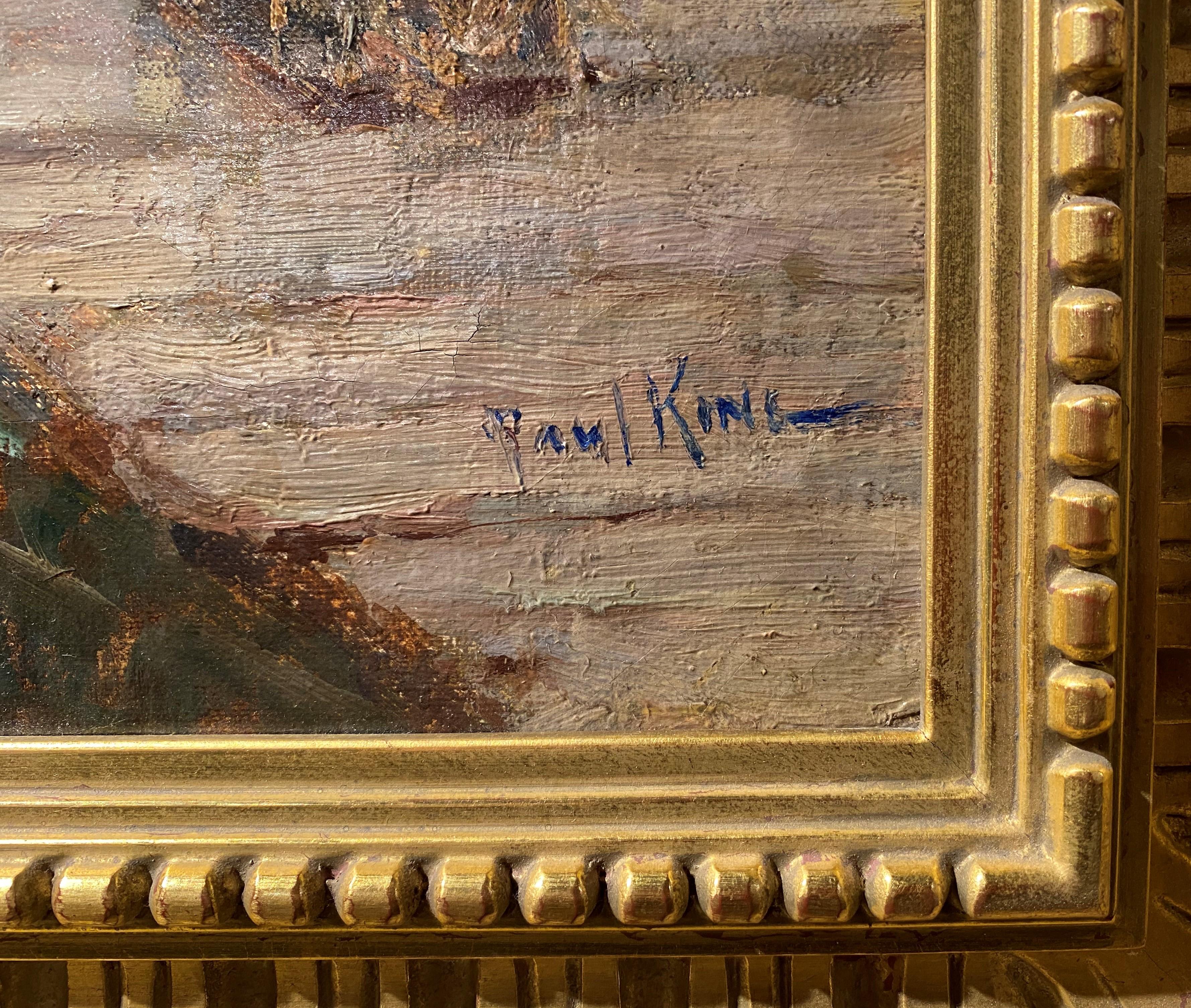 Magnifique peinture impressionniste de marine côtière représentant les quais du Marin, peinte par l'artiste américain Paul Bernard King (1867-1947). King est né à Buffalo, New York, et après être devenu un imprimeur établi, il a étudié à la Art