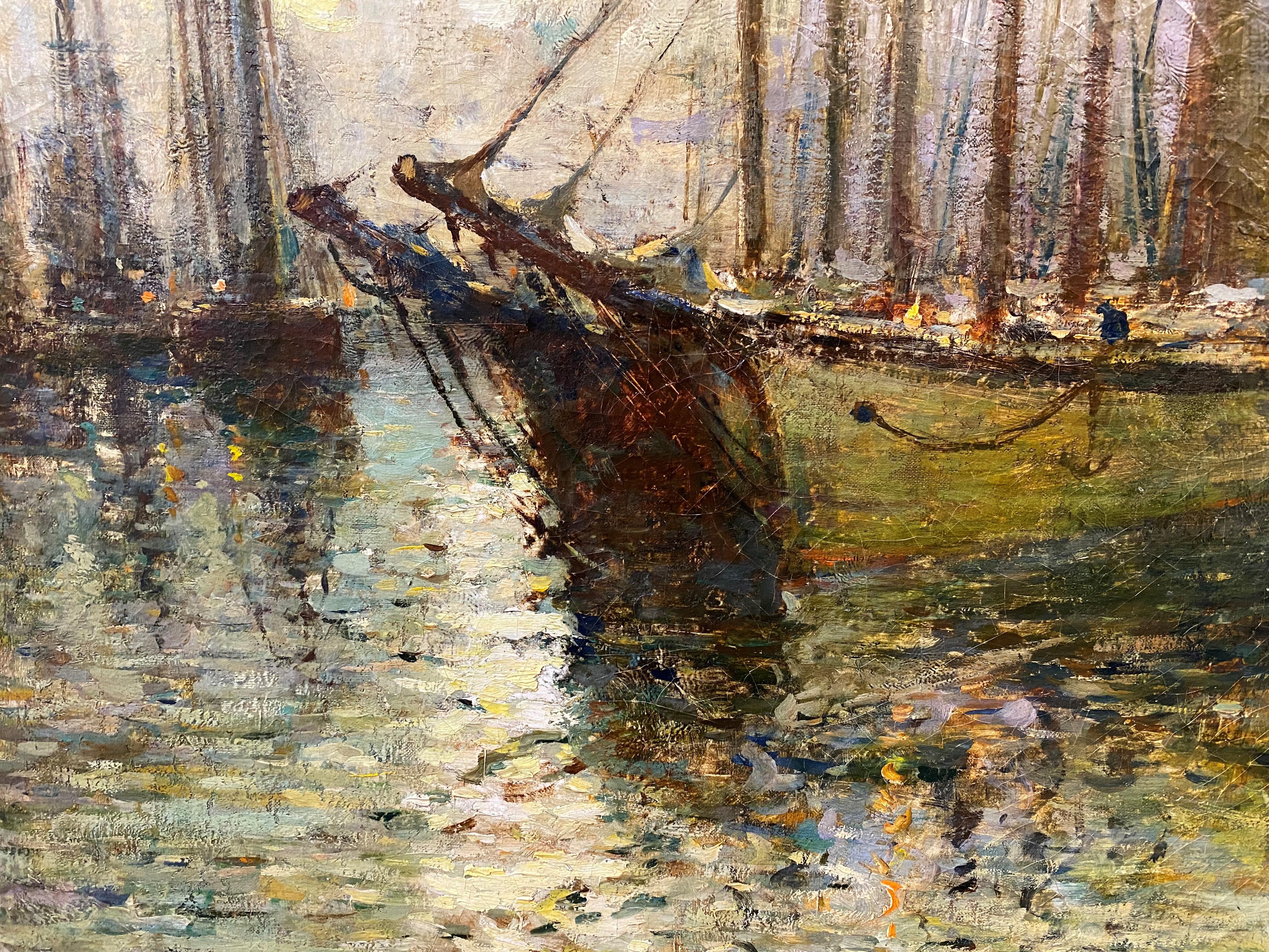Ein feines impressionistisches Ölgemälde mit Booten in einem Hafen, wahrscheinlich in Maine, im Mondlicht von dem amerikanischen Künstler Paul Bernard King (1867-1947). King wurde in Buffalo, New York, geboren. Nachdem er sich als Drucker etabliert