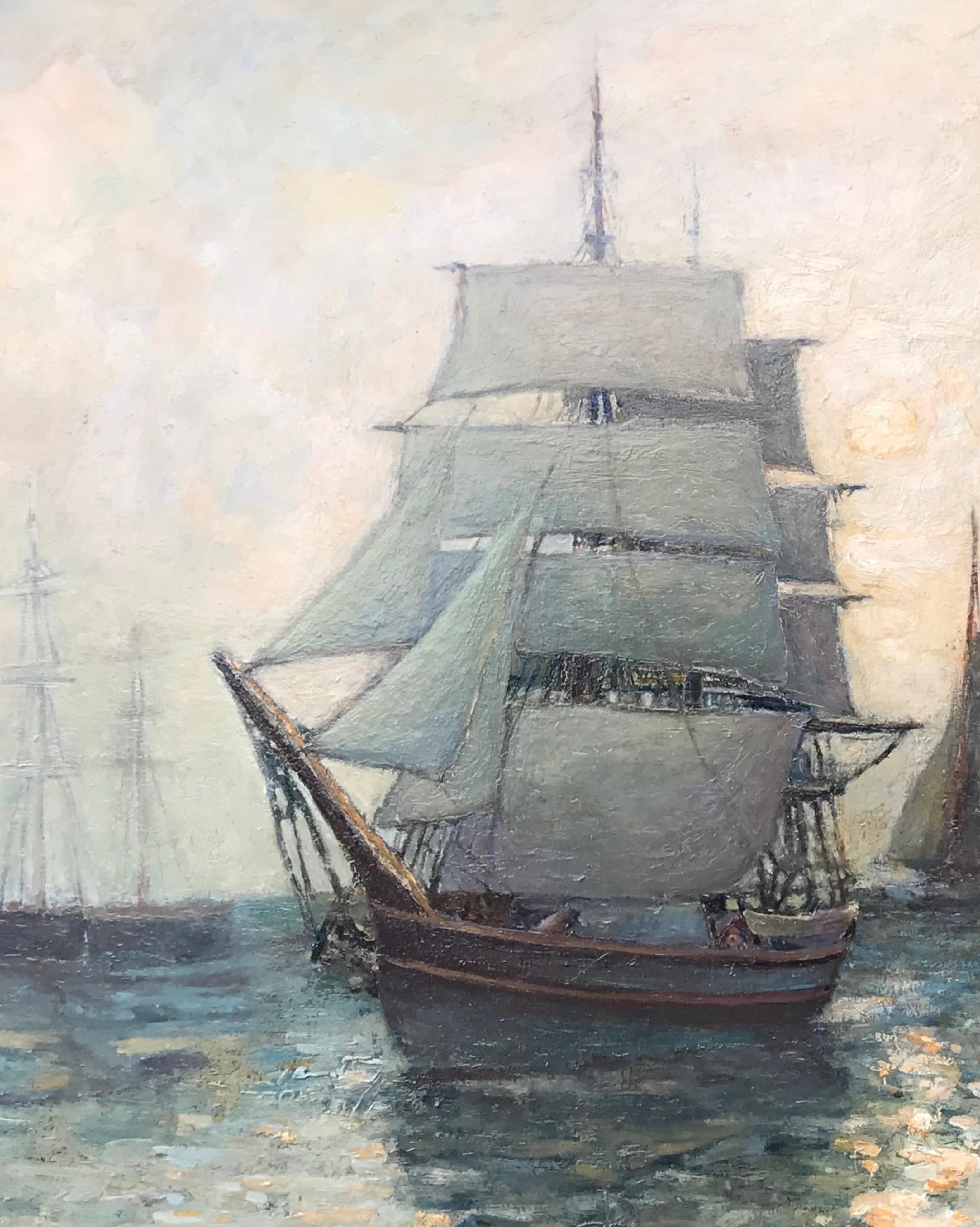 Grandes barcos en el puerto - Landscape Painting Marrón de Paul Bernard King