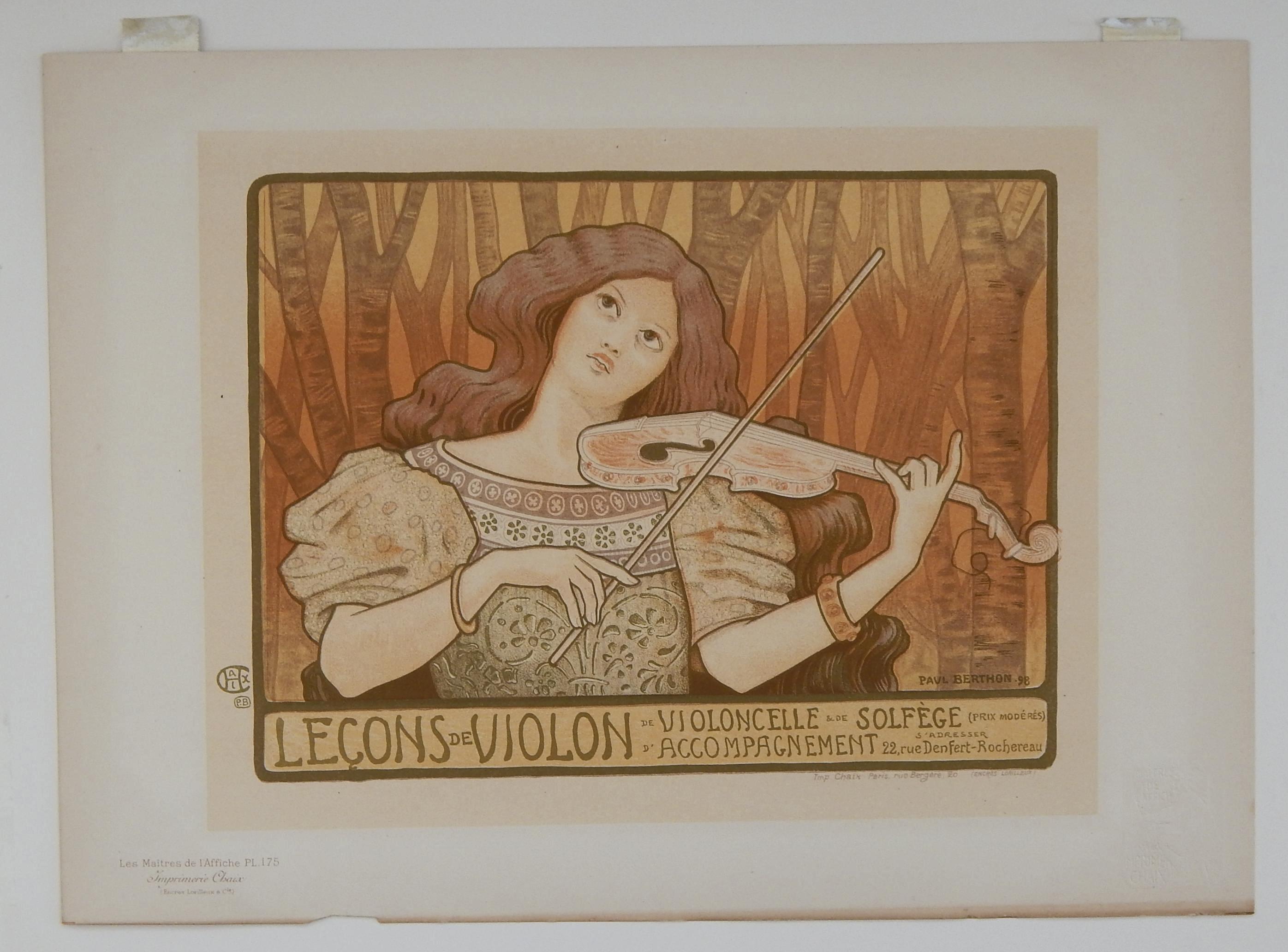 Paul Berthon Original Color Lithograph, 1897. Lecon de Violon For Sale 1