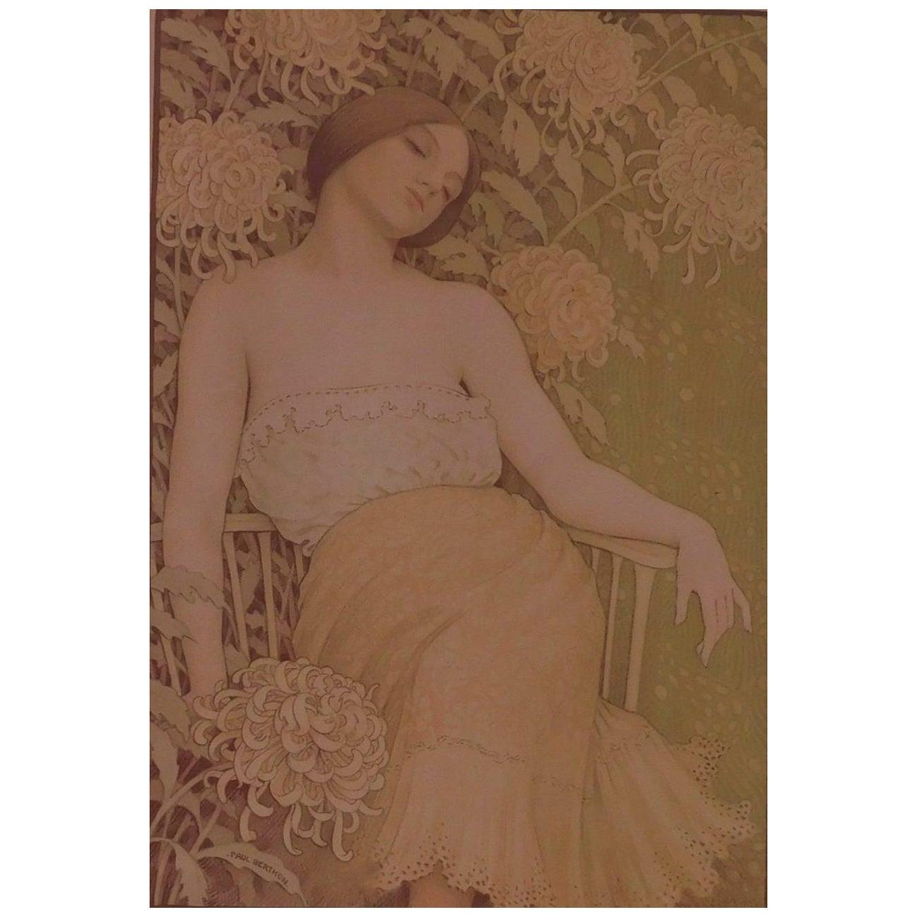 Wonderful original color lithograph by Paul Berthon (1872-1909).
In excellent condition with great color. Unframed. Presents in a 4-Ply Archival Mat.
Titled: "Les Chrysanthemes.” Created: 1899.
Image size: 22 1/4" H x 15 1/4" W
Sheet size: 25 5/8"H