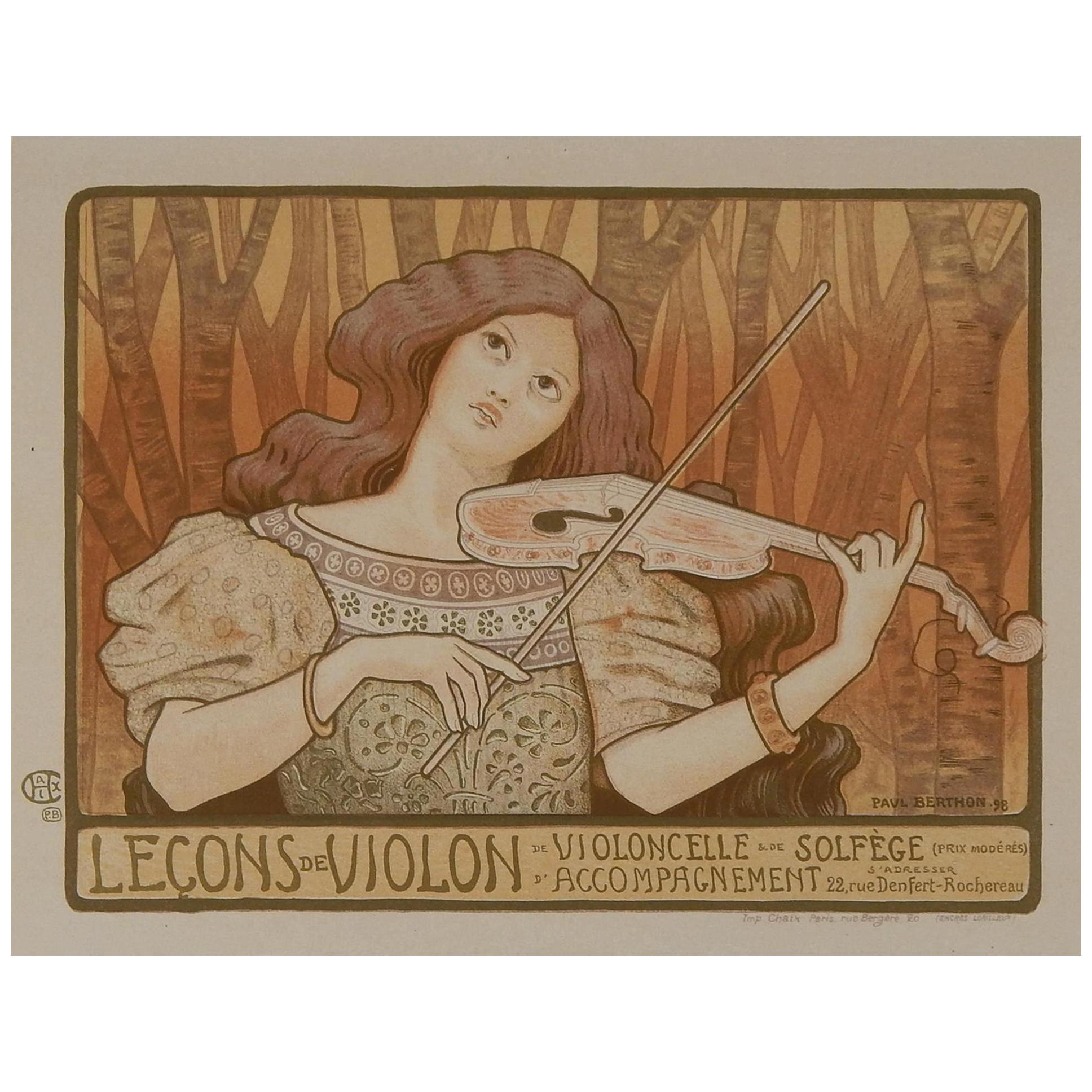 Lithographie originale en couleur de Paul Berthon, 1897. Lecon de Violon