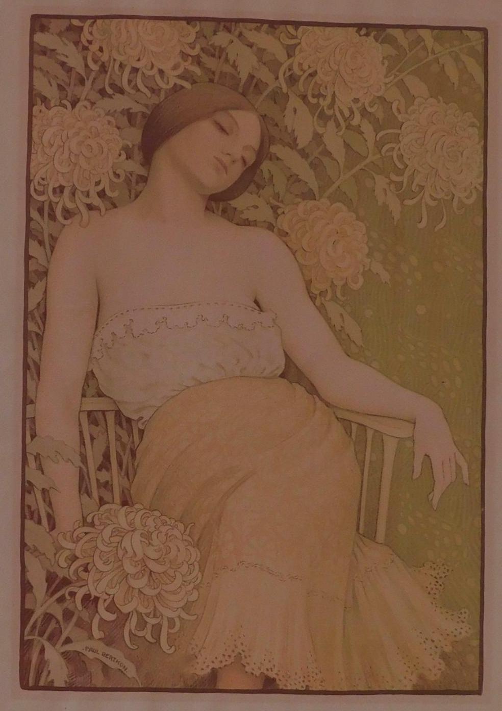 Lithographie originale en couleur de Paul Berthon, 1899. Les Chrysanthèmes Bon état - En vente à Phoenix, AZ