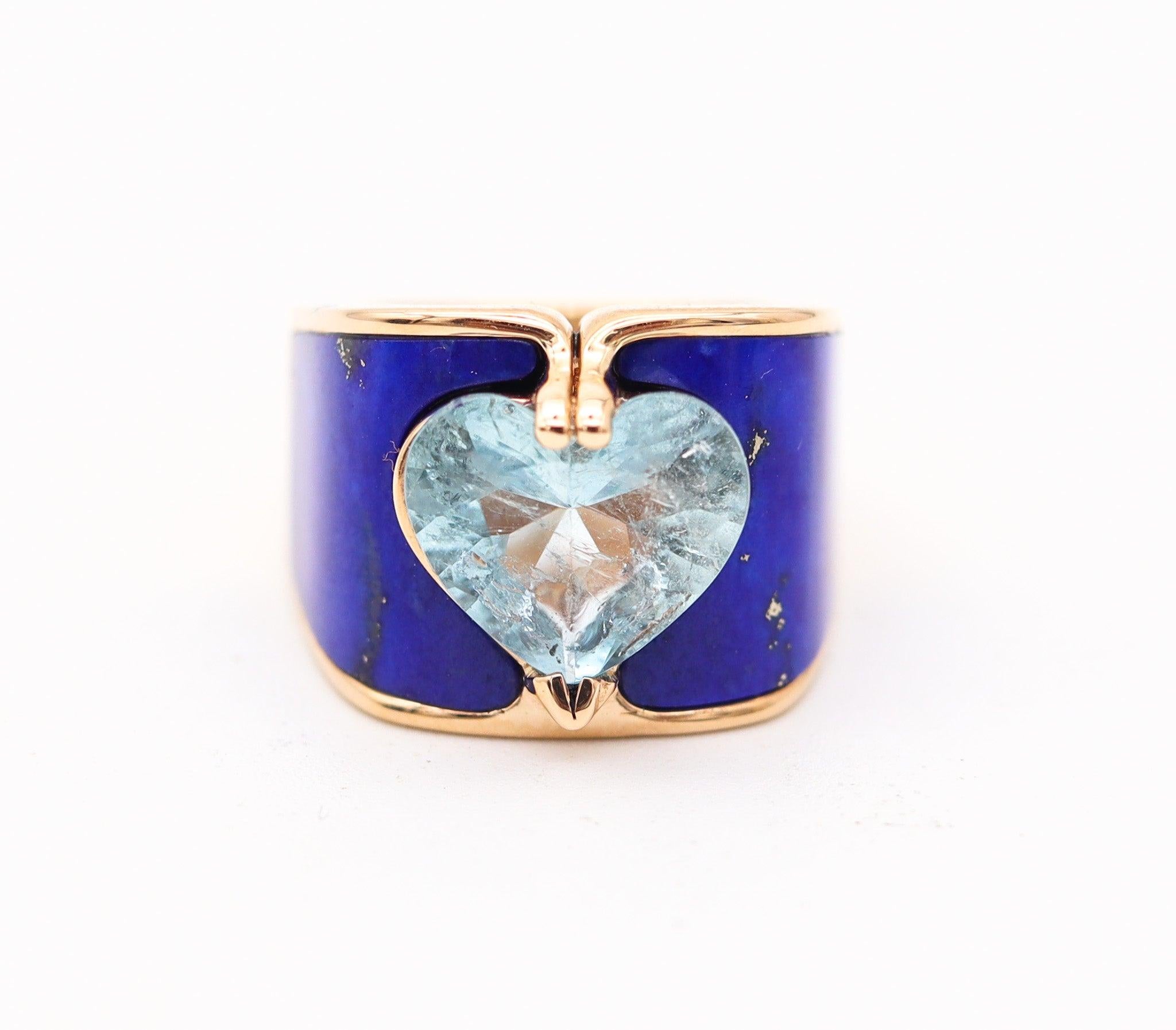 Moderniste PAUL BINDER 1970 Bague de cocktail suisse en or jaune 18 carats avec lapis et aigue-marine en vente