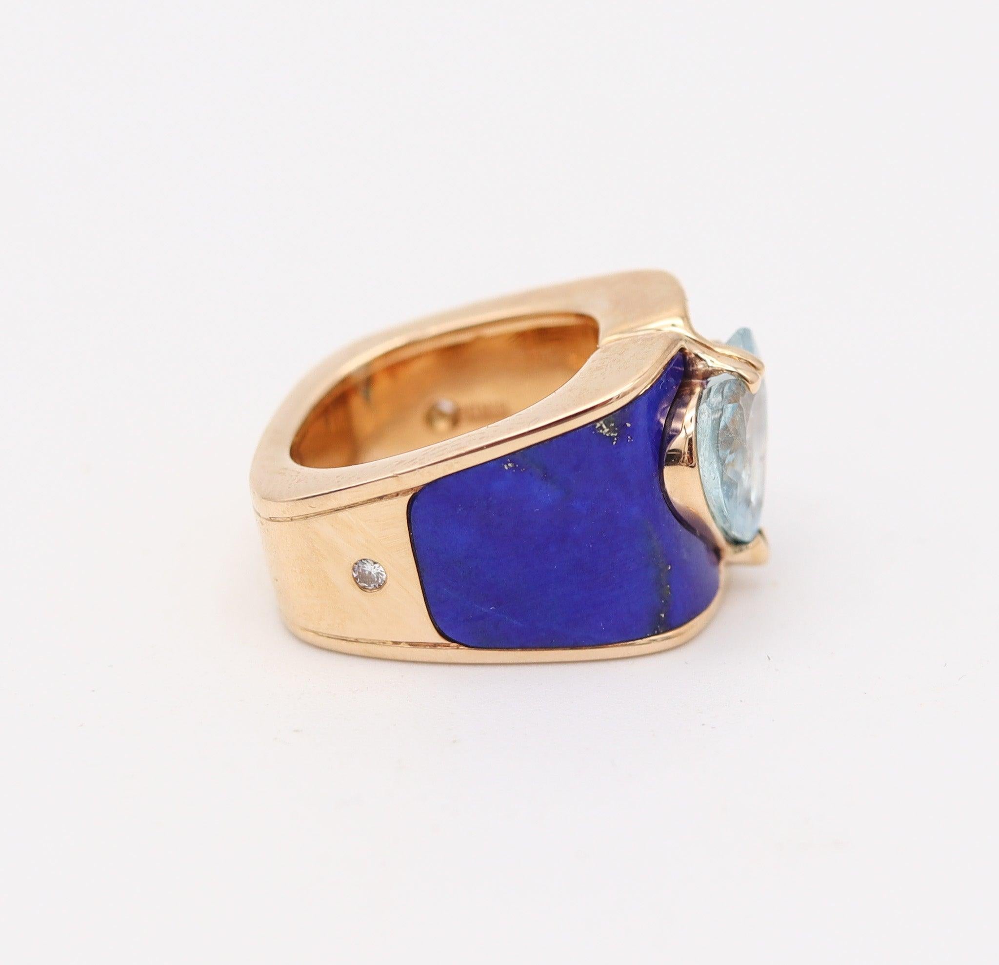 Taille cœur PAUL BINDER 1970 Bague de cocktail suisse en or jaune 18 carats avec lapis et aigue-marine en vente