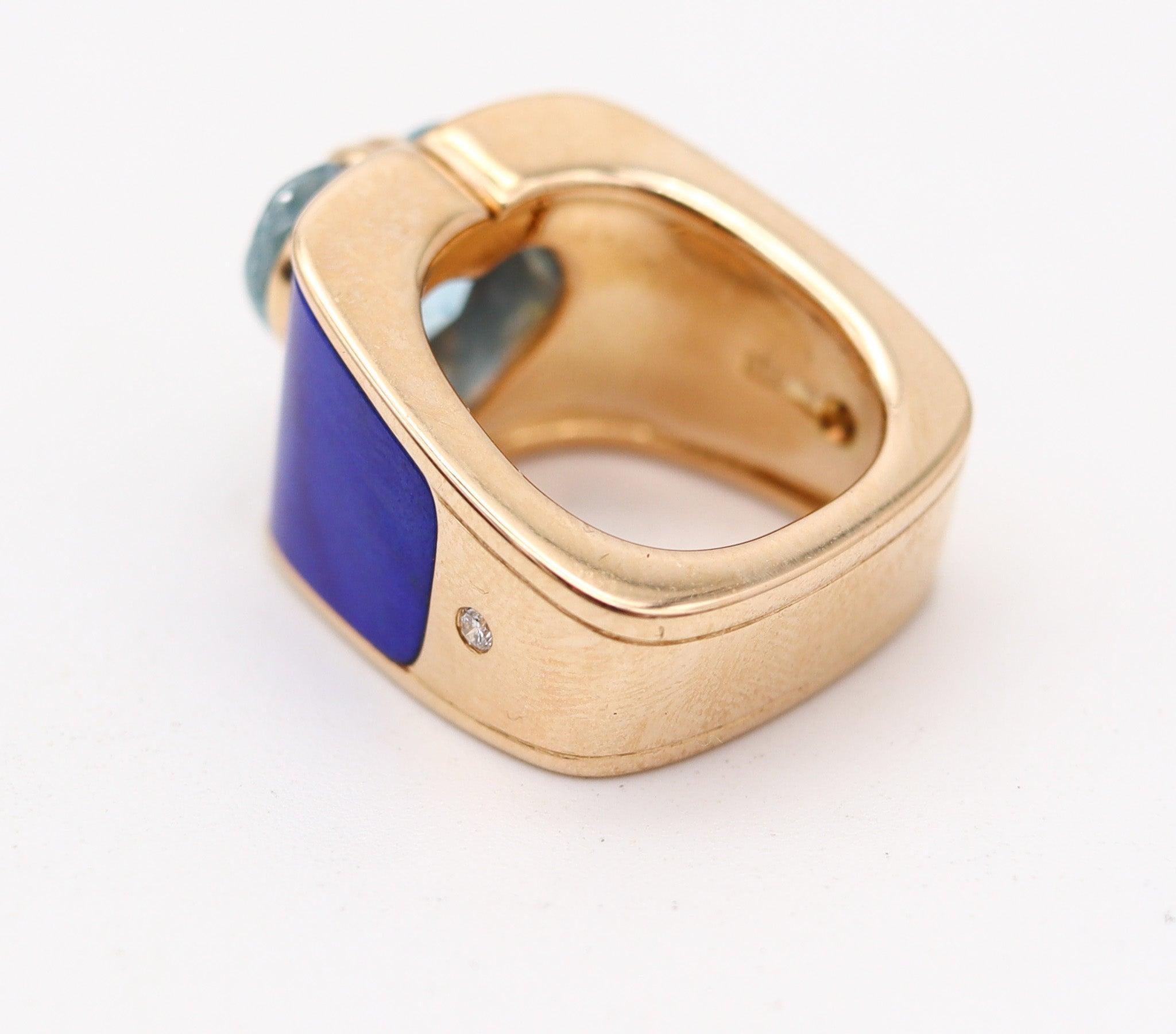PAUL BINDER 1970 Bague de cocktail suisse en or jaune 18 carats avec lapis et aigue-marine Excellent état - En vente à Miami, FL