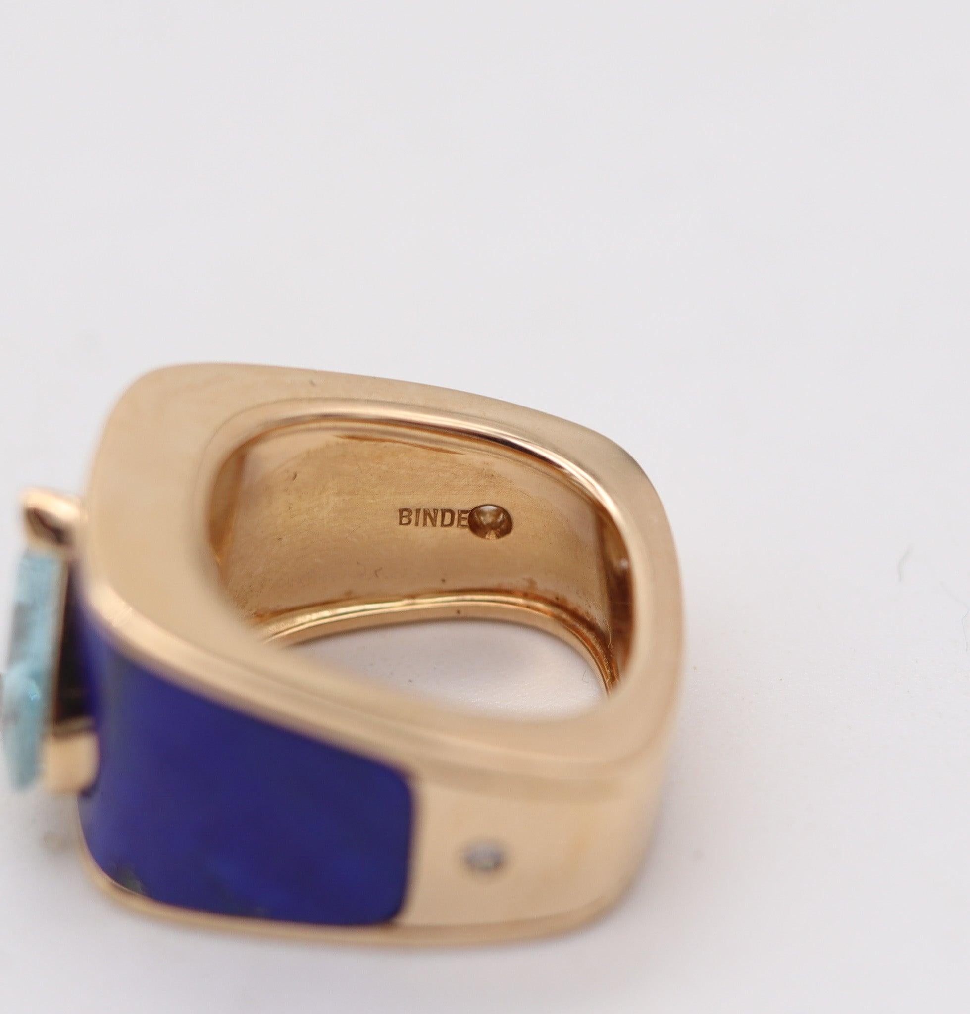 PAUL BINDER 1970 Bague de cocktail suisse en or jaune 18 carats avec lapis et aigue-marine en vente 1