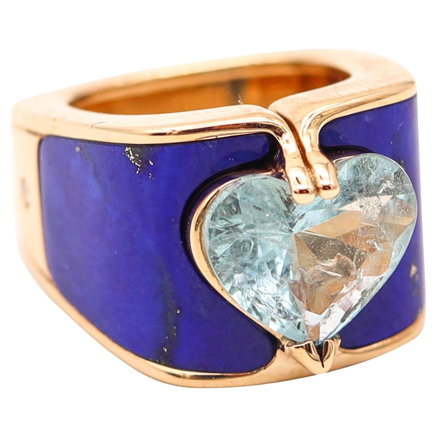PAUL BINDER 1970 Bague de cocktail suisse en or jaune 18 carats avec lapis et aigue-marine en vente