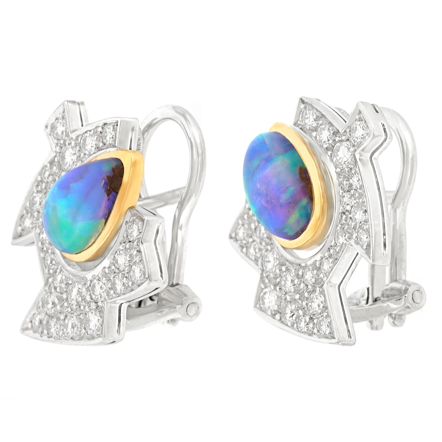 Modernist Paul Binder Opal & Diamond Earrings For Sale