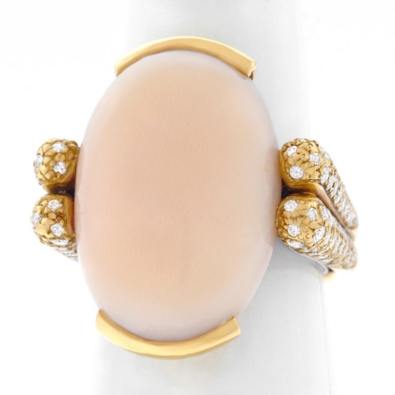 Paul Binder Pink Coral and Diamond Set Gold Ring at 1stdibs