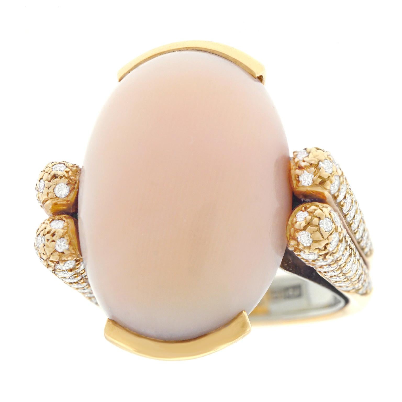 Paul Binder Pink Coral and Diamond Set Gold Ring