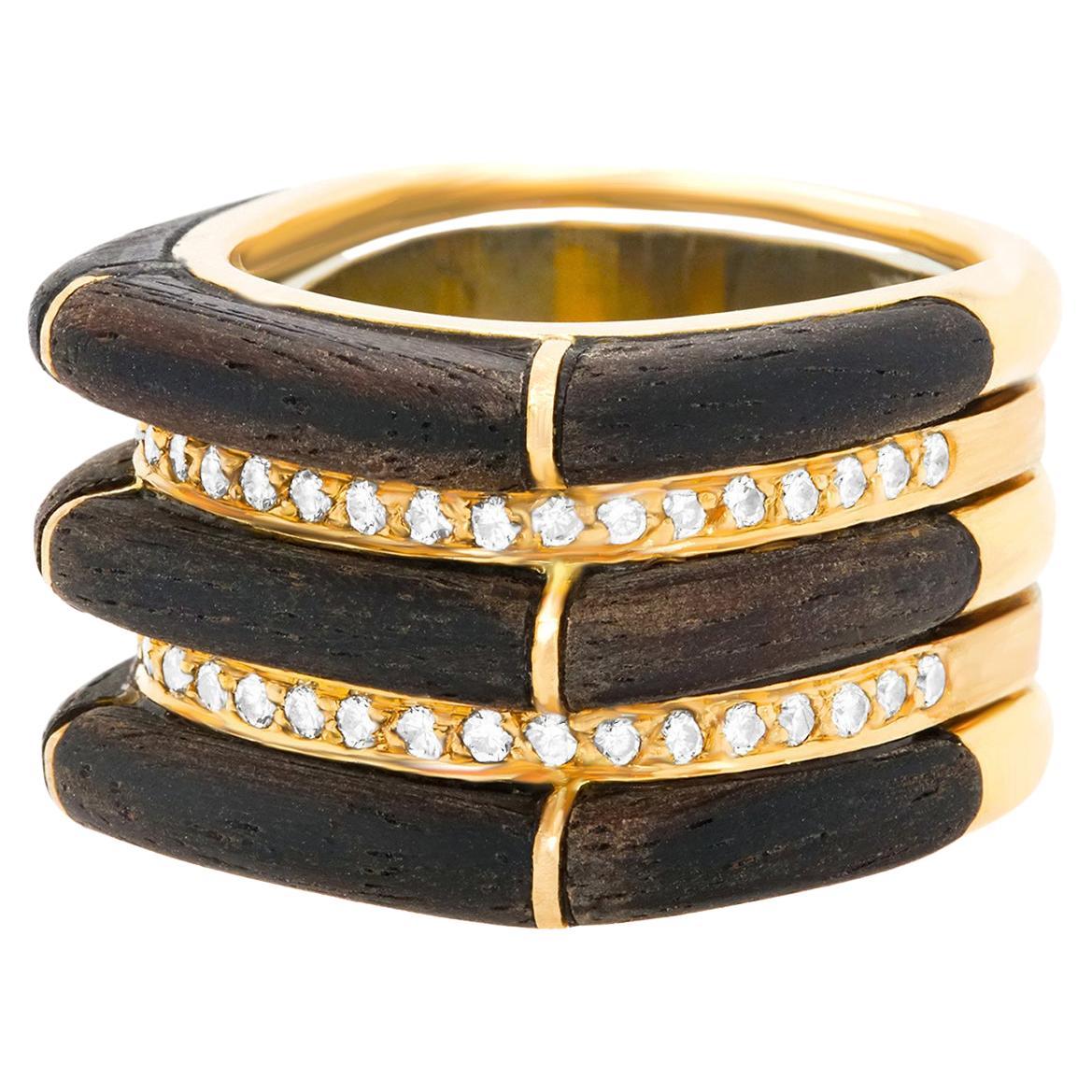 Paul Binder Sixties Modern Diamond Ebony and Gold Ring For Sale