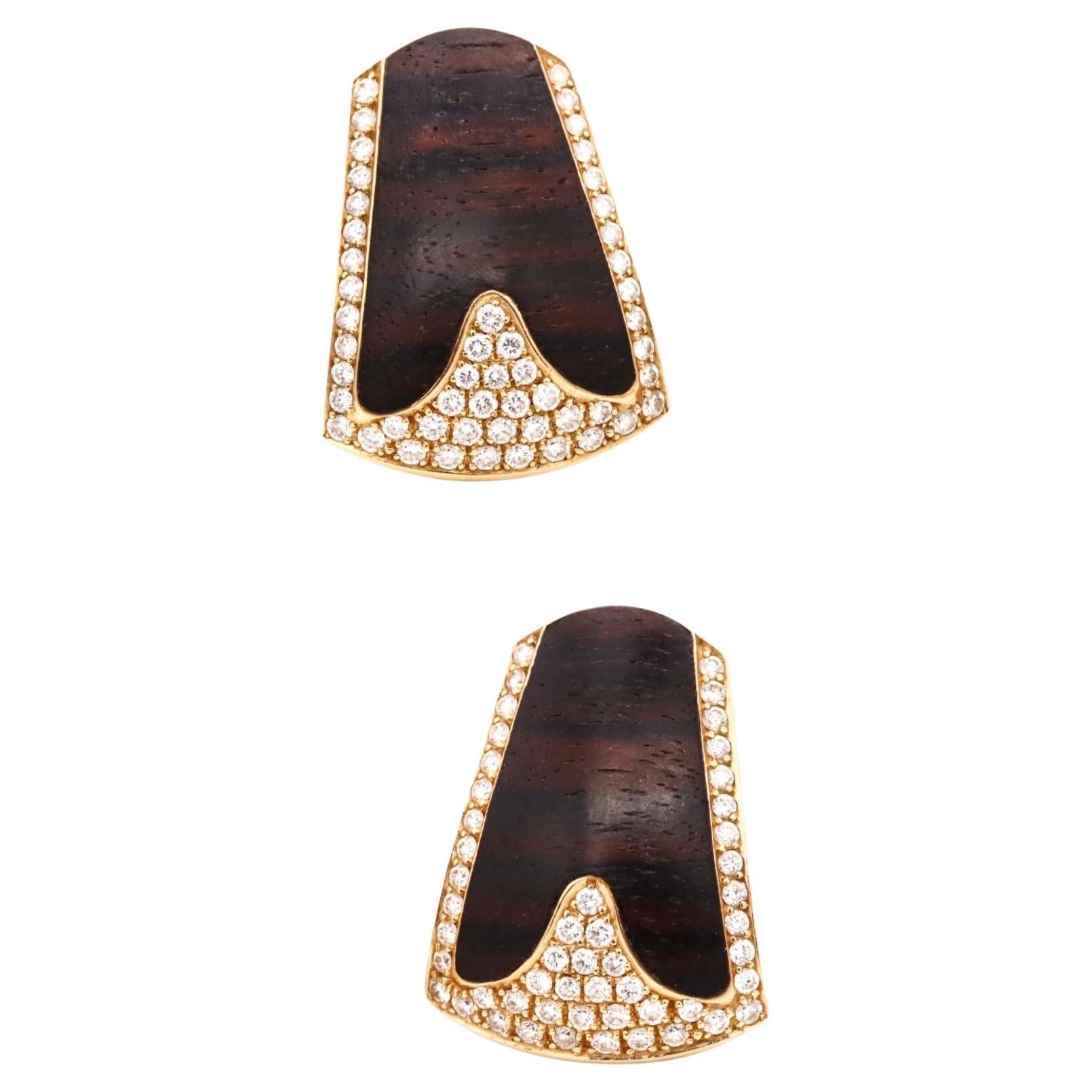 Paul Binder Swiss Clips-Earrings 18Kt Yellow Gold with Ebony Wood & Diamonds For Sale