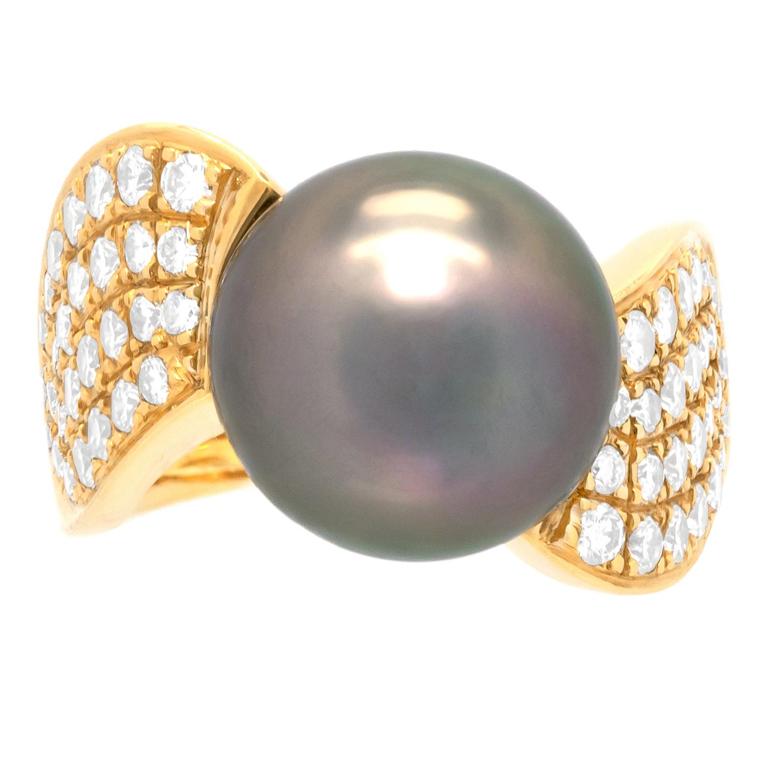 Modernist Paul Binder Swiss Modern Tahitian Pearl and Diamond Ring For Sale