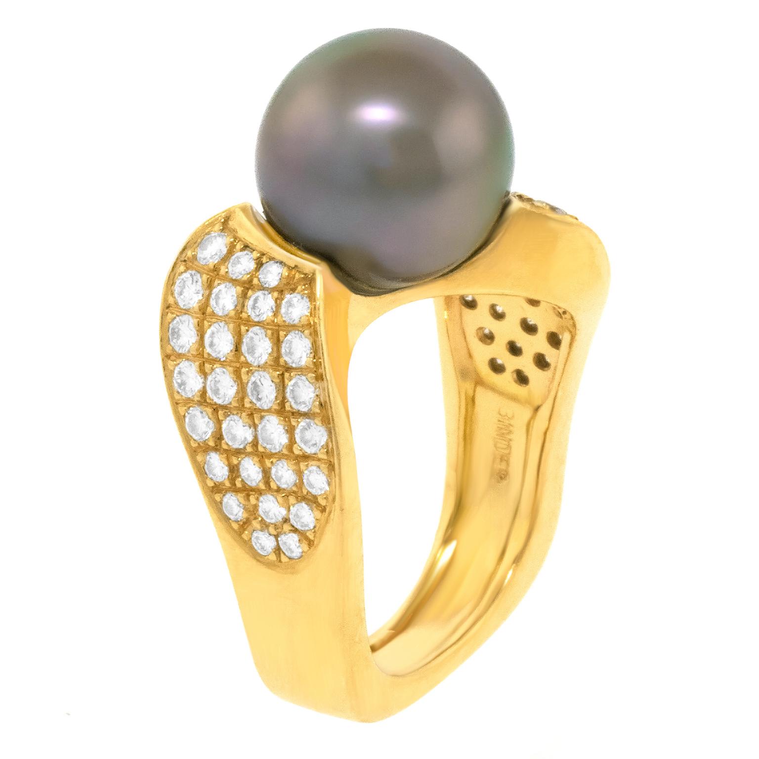 Paul Binder Swiss Modern Tahitian Pearl and Diamond Ring For Sale 1