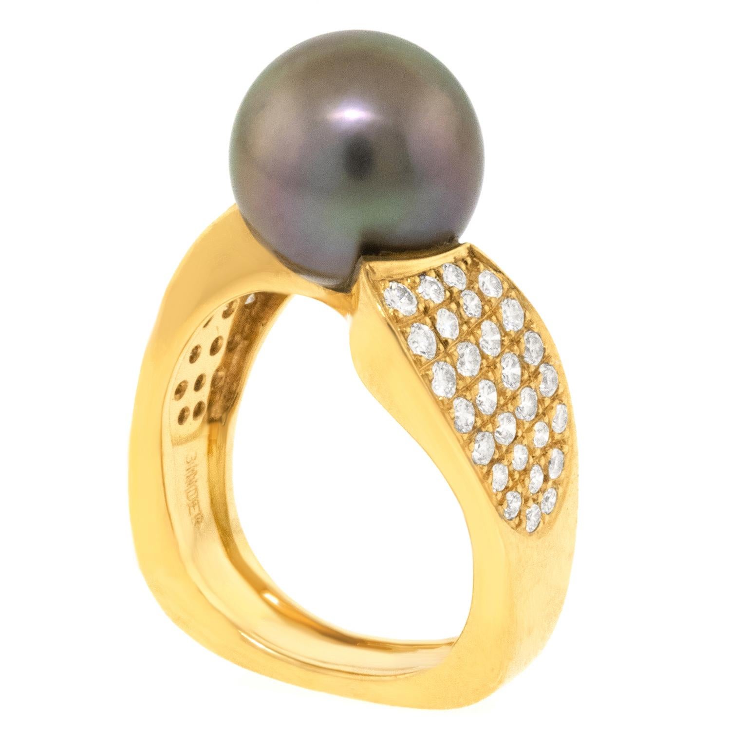 Paul Binder Swiss Modern Tahitian Pearl and Diamond Ring For Sale