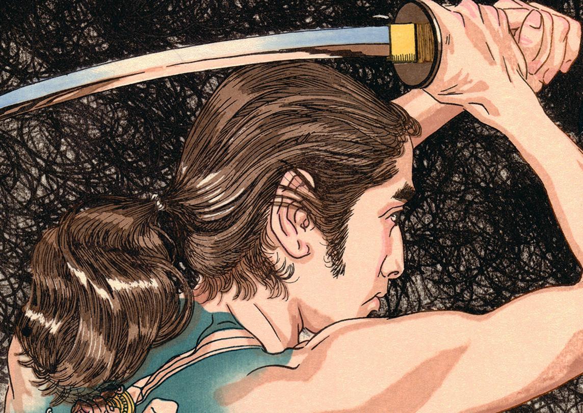 Paul Binnnie, Contemporary Woodblock Prin, t Ukiyo-e, Warrior, Katana, Erotica - Beige Portrait Print by Paul Binnie